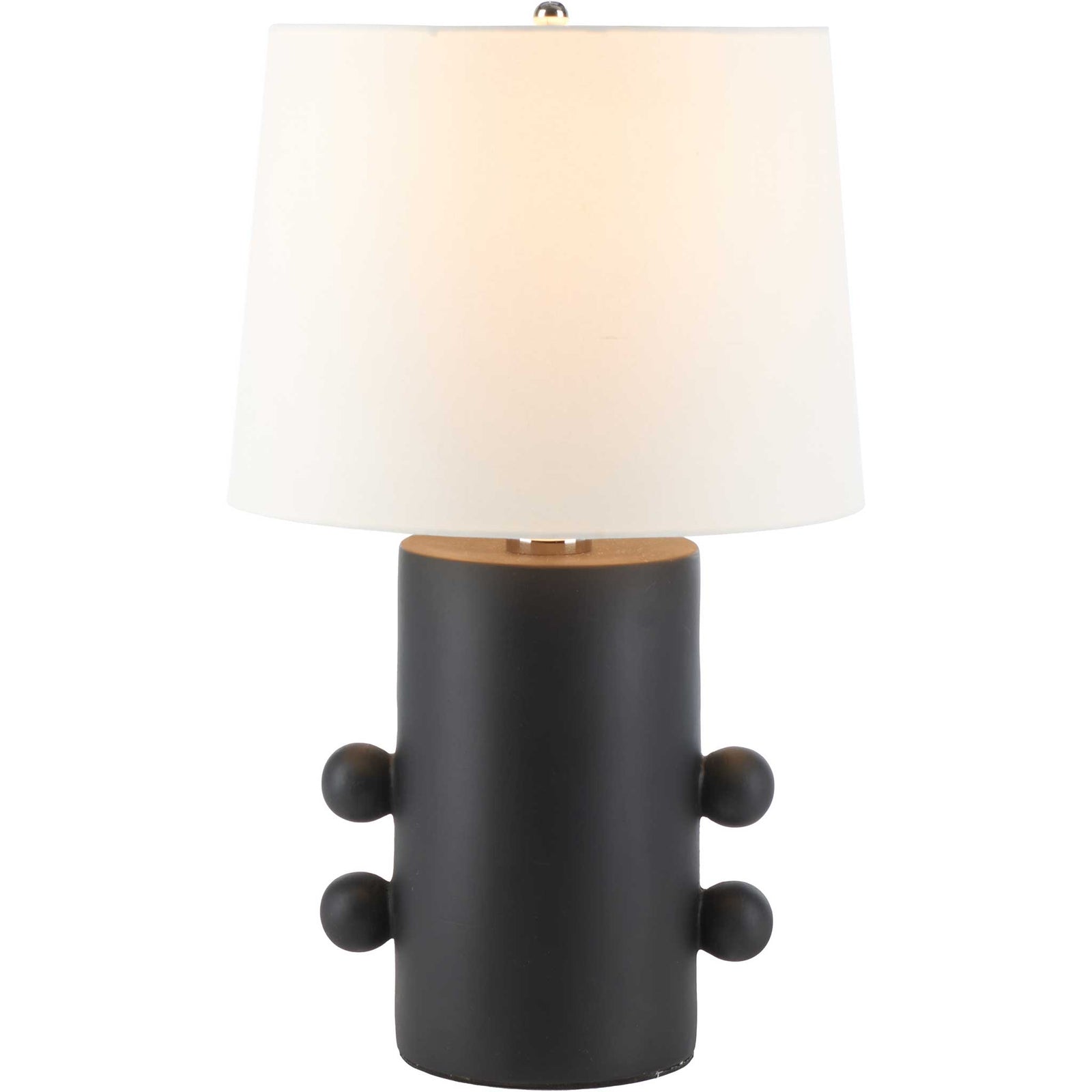 Matte black ceramic lamp with off-white shade casting a warm glow and playful rounded side accents. || TBL2008A || front_on_studio