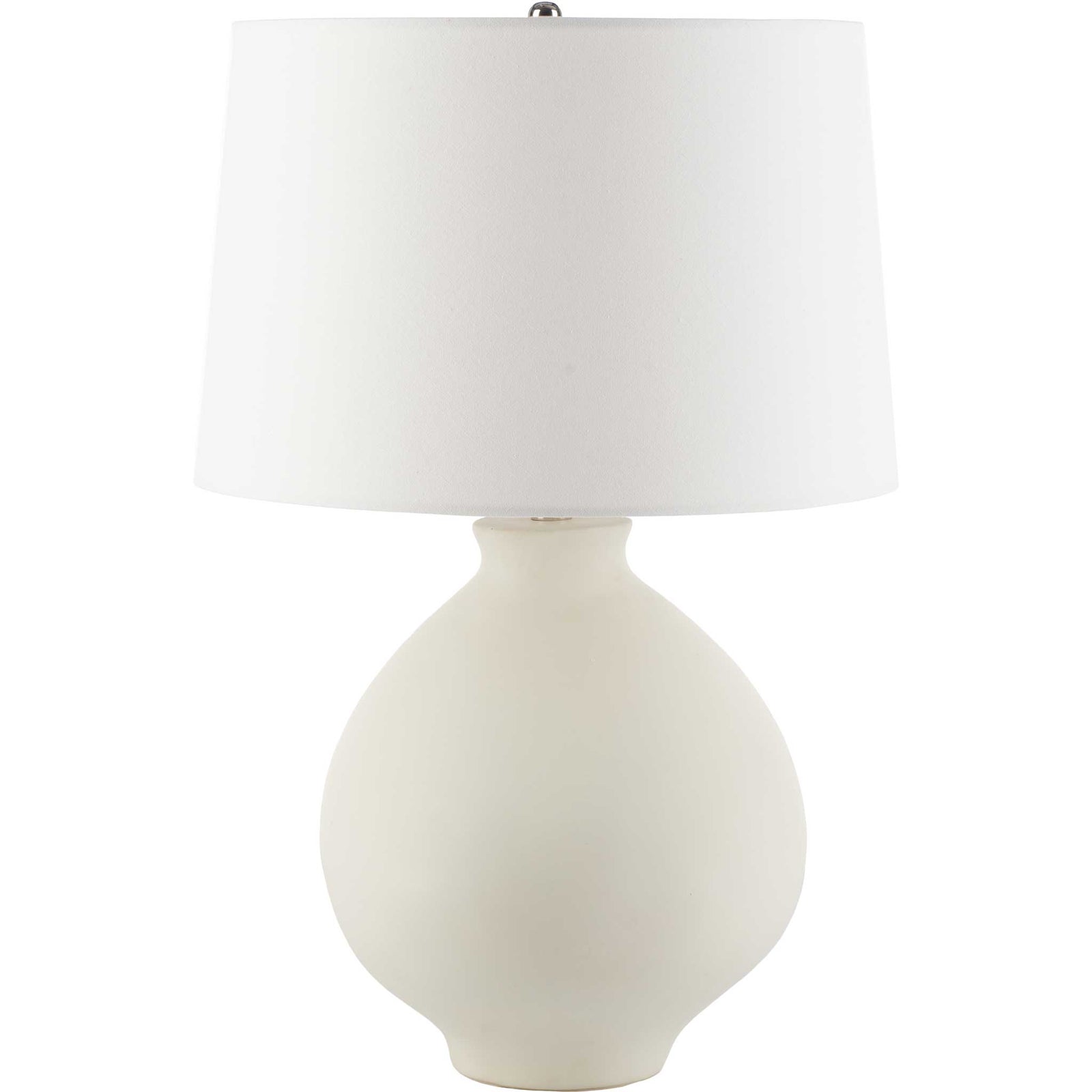 White ceramic table lamp with a rounded silhouette and a crisp cotton-linen drum shade || TBL2009A || front_studio