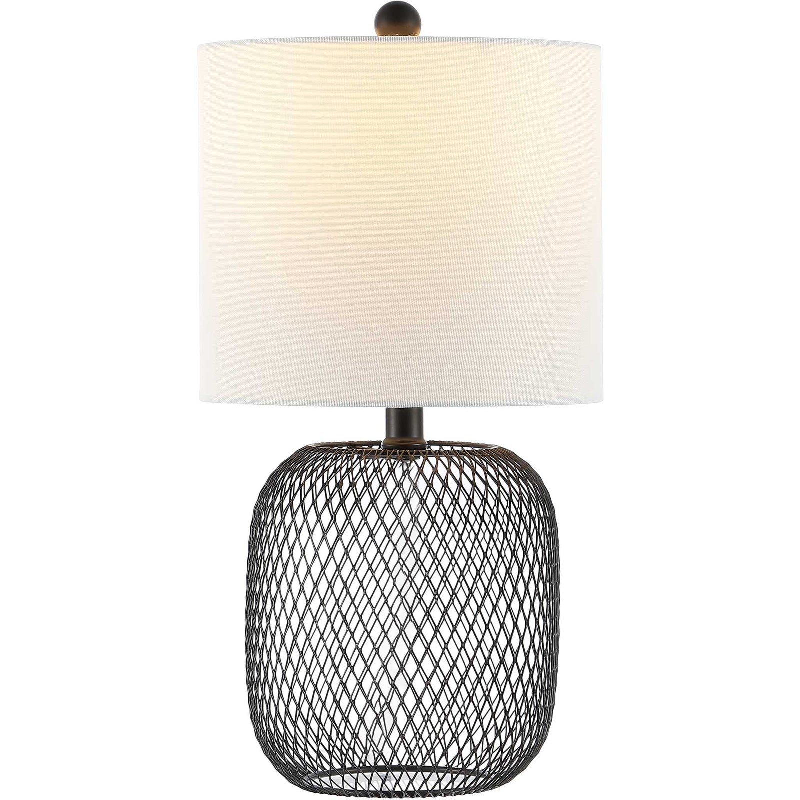 Warmly lit, the woven lattice base and clean white shade bring cozy ambiance to any table. || TBL4470A || front_on_studio