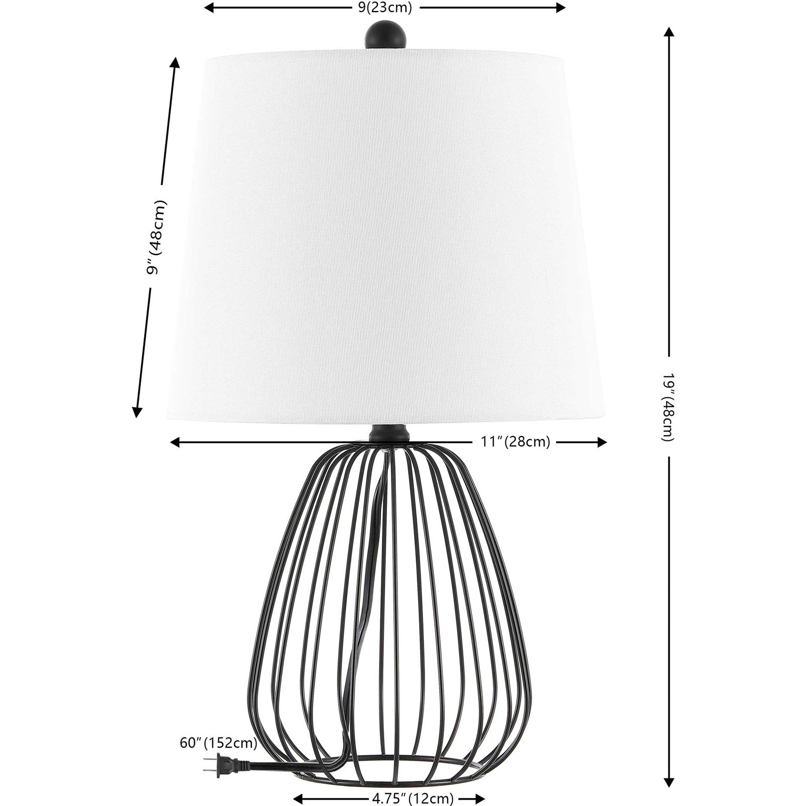 Sculptural black iron wire base paired with a clean white shade for airy, modern style. || TBL4472A || dimension_studio