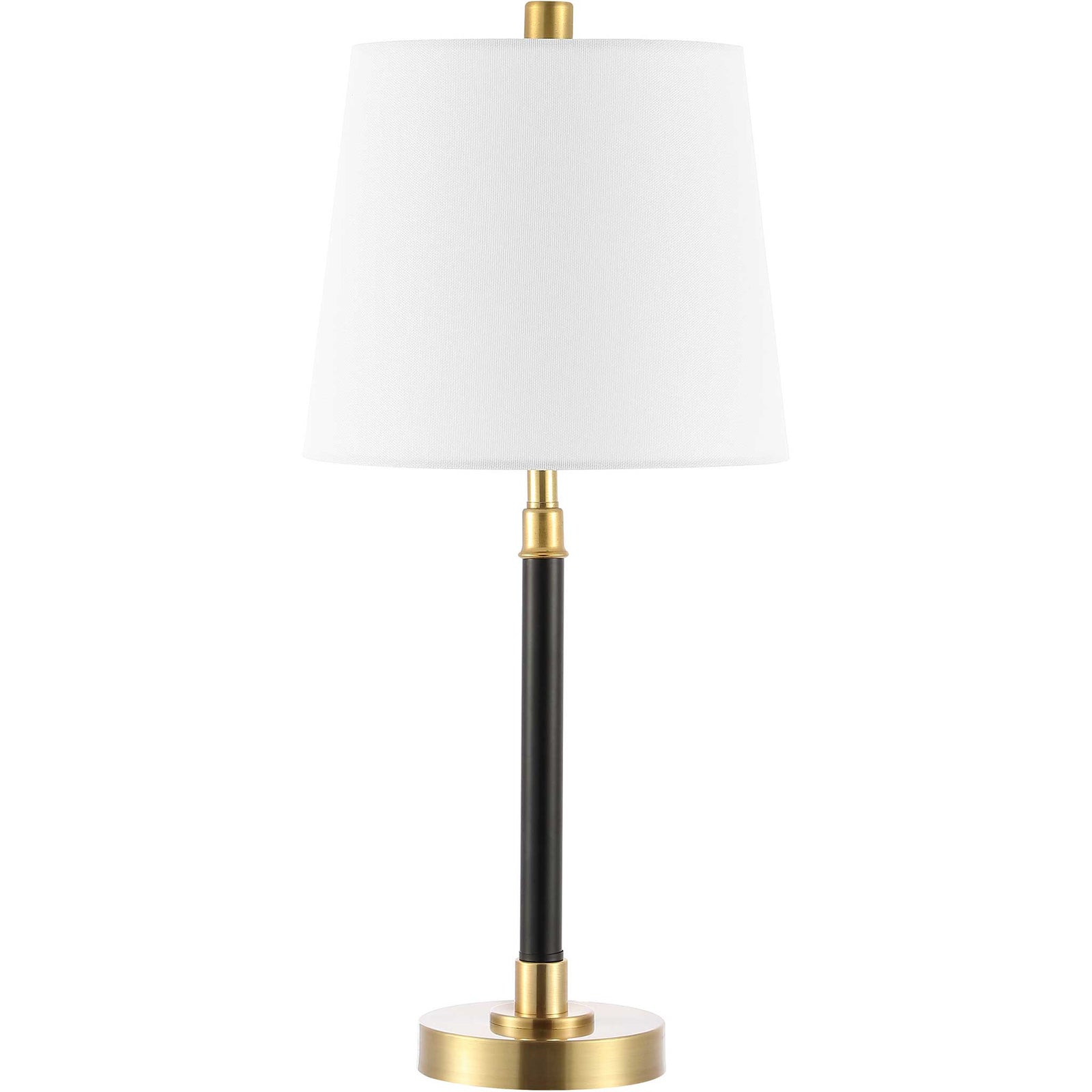Slim black-and-brass table lamp with a crisp white shade and round base for modern elegance || TBL4475A || front_studio