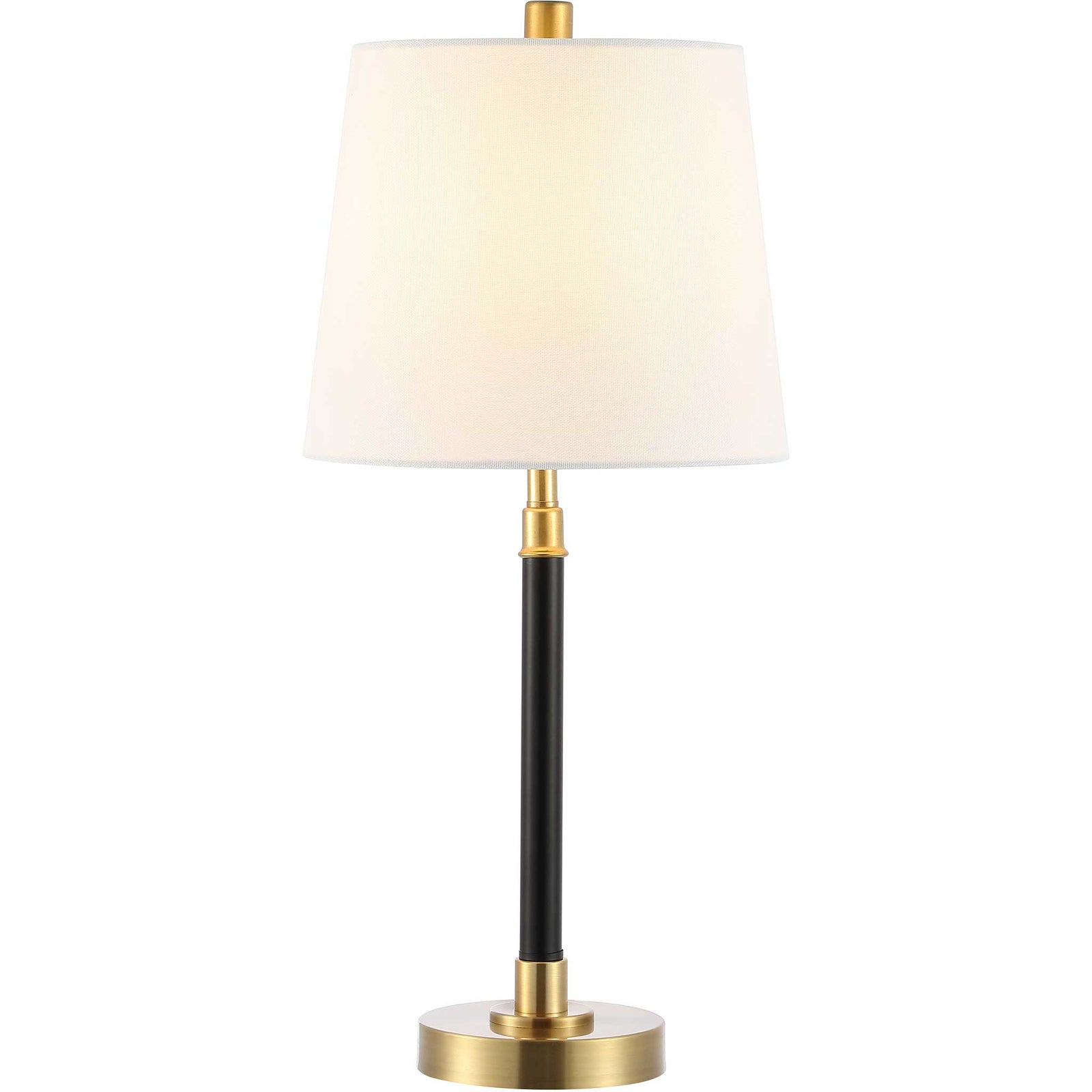Warm glow through a clean white shade highlights the sleek black column and brushed brass base || TBL4475A || front_on_studio