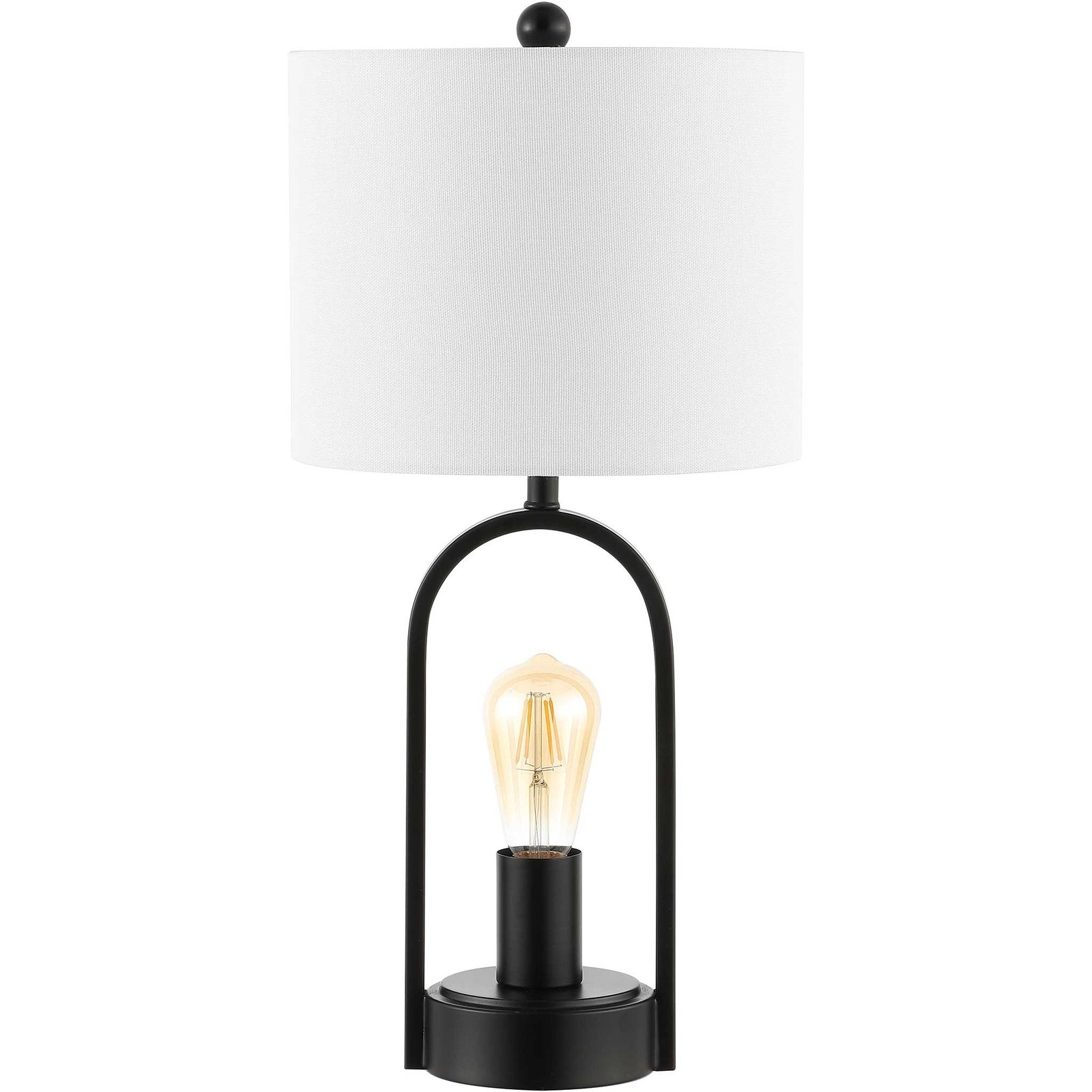 Modern arch table lamp in matte black with white fabric drum shade || TBL4482A || front_studio