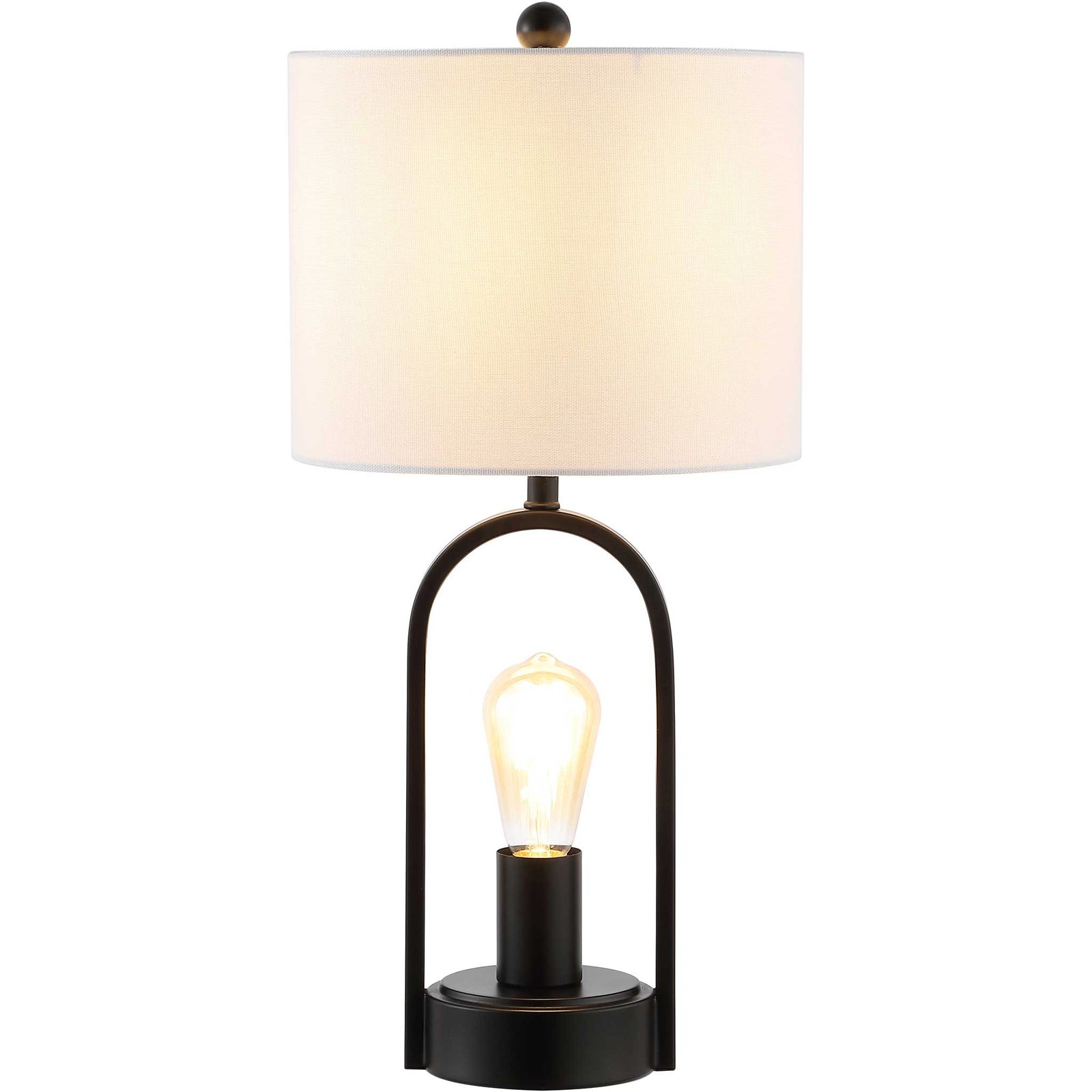 Illuminated Edison-style bulb framed by a black arch with a white drum shade || TBL4482A || front_on_studio