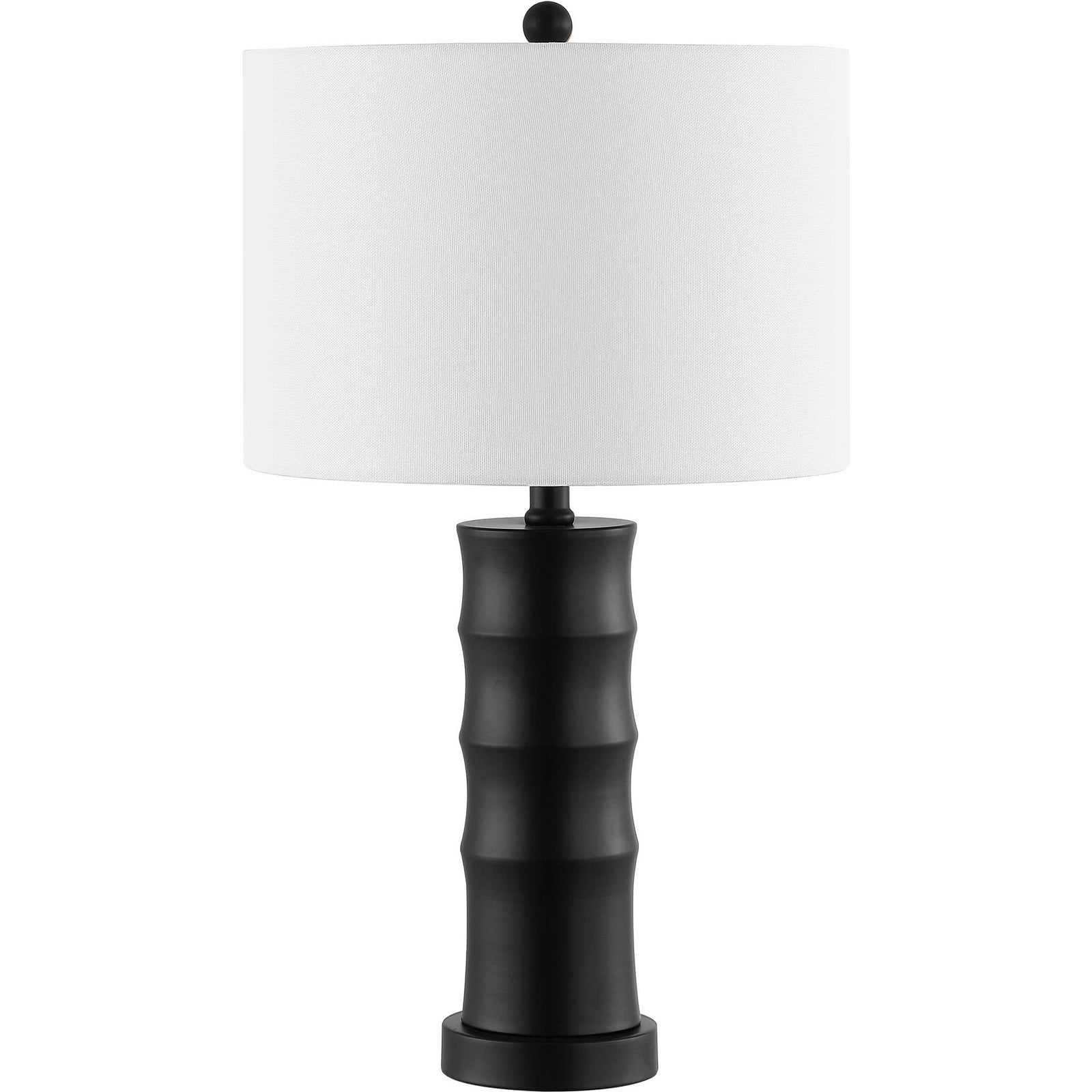 Matte black iron lamp with sculptural tiered base and crisp white drum shade || TBL4493A || front_studio