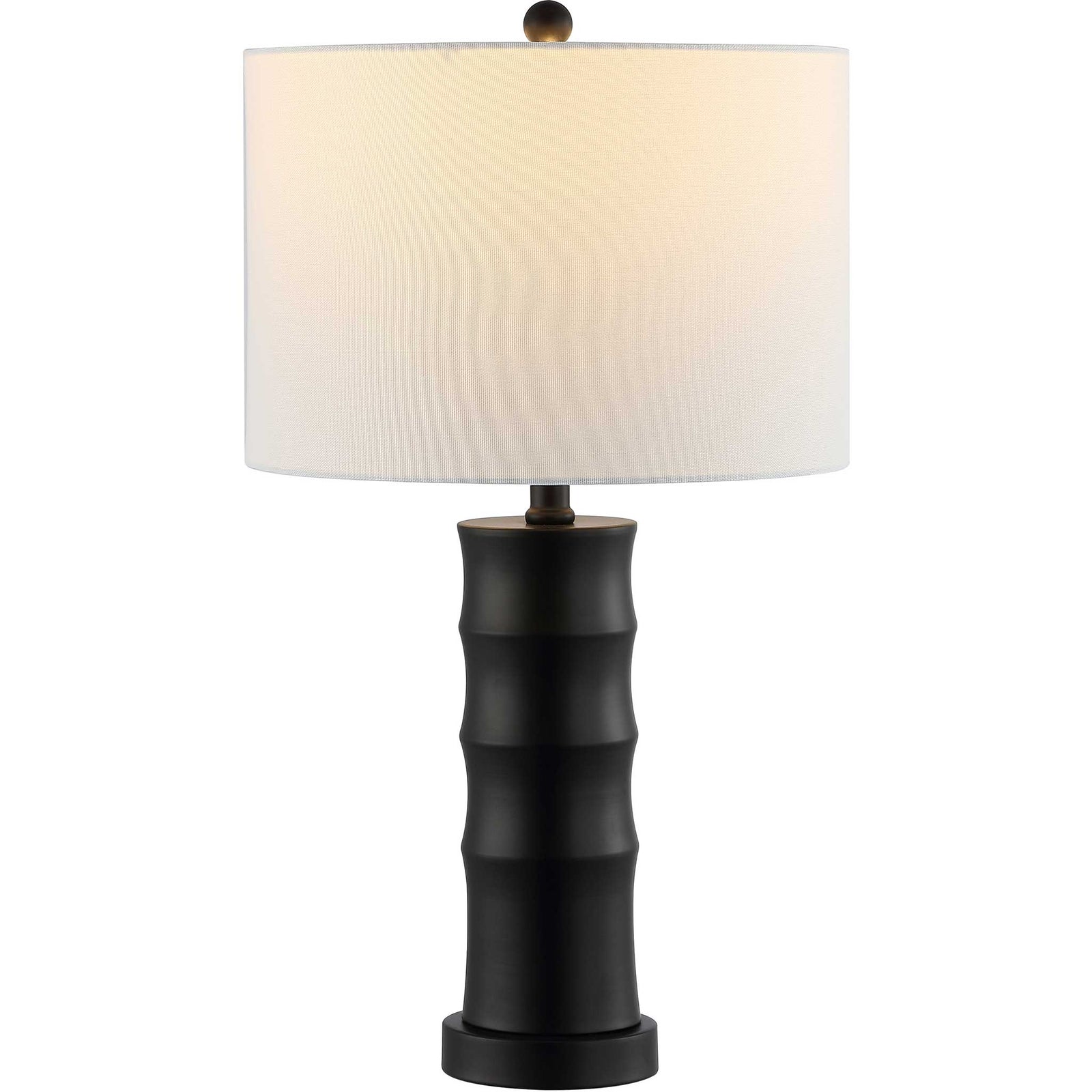 Warmly lit white drum shade crowns a matte black tiered iron base for inviting glow || TBL4493A || front_on_studio