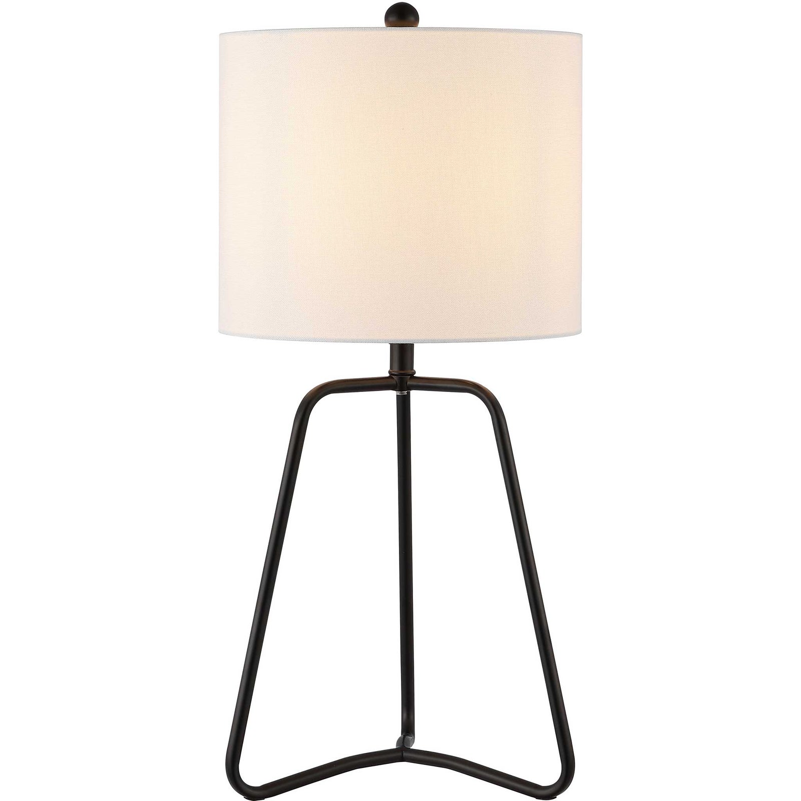 Table lamp glowing through a white drum shade atop an open black iron base || TBL4498A || front_on_studio