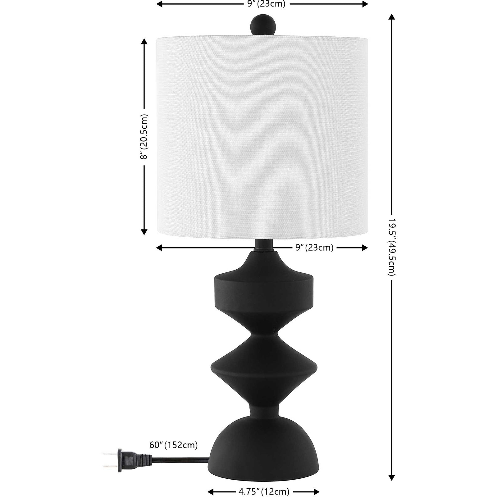 Key measurements: 19.5 inch tall lamp with 9 inch drum shade and 60 inch cord || TBL4501A || dimension_studio