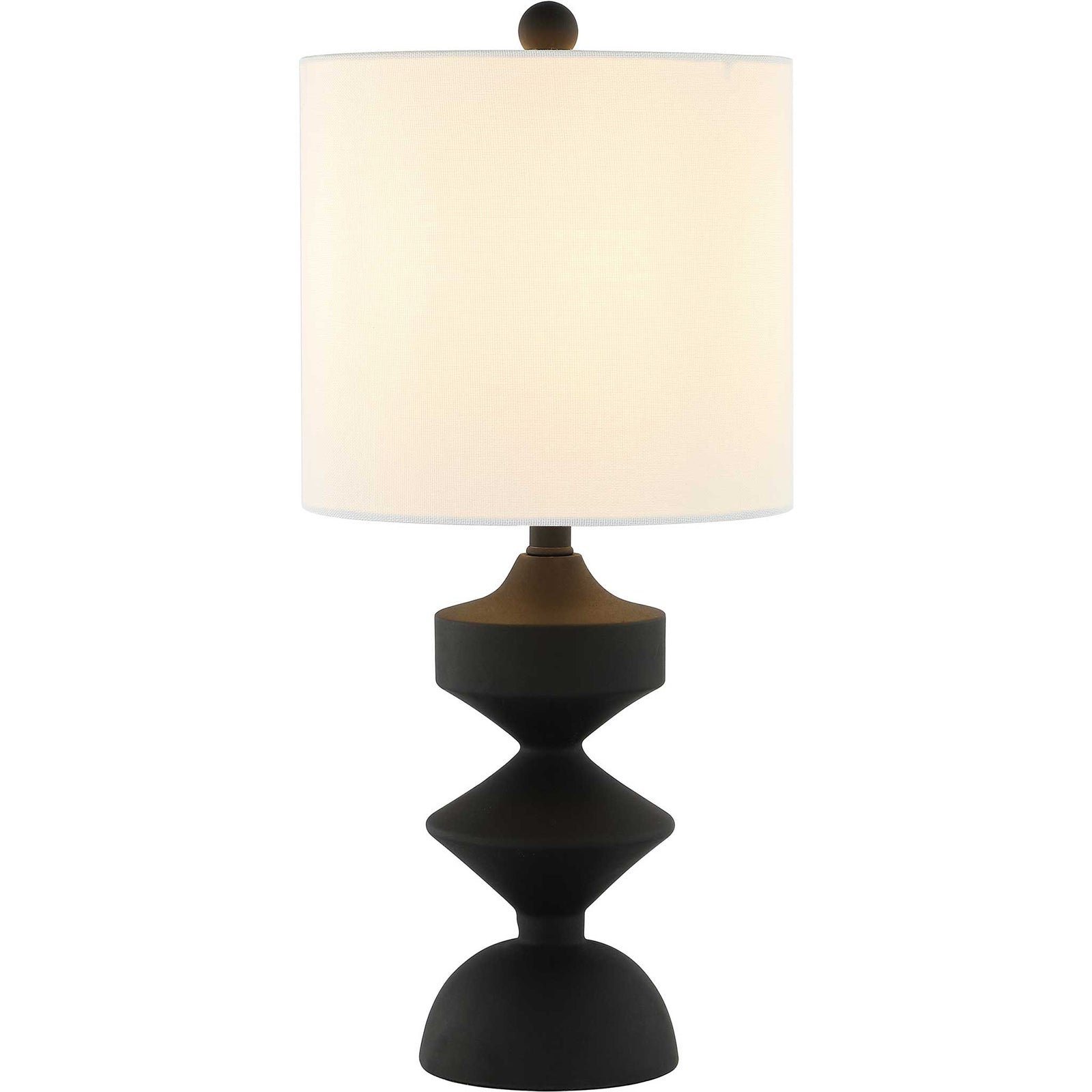 Black resin lamp with white drum shade casting a warm, inviting glow || TBL4501A || front_on_studio