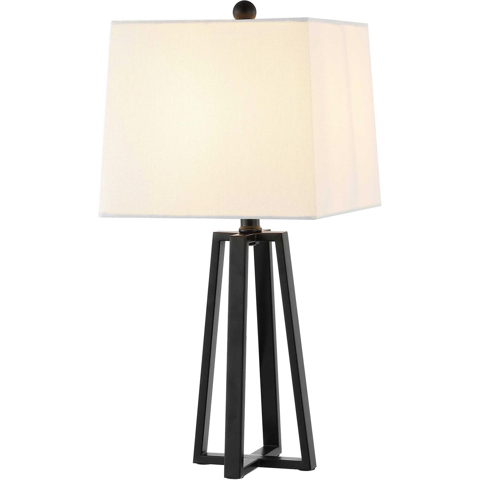 Warmly glowing white shade tops a sculptural black iron base, bringing soft, modern light to any room. || TBL4505A || front_angle_on_studio