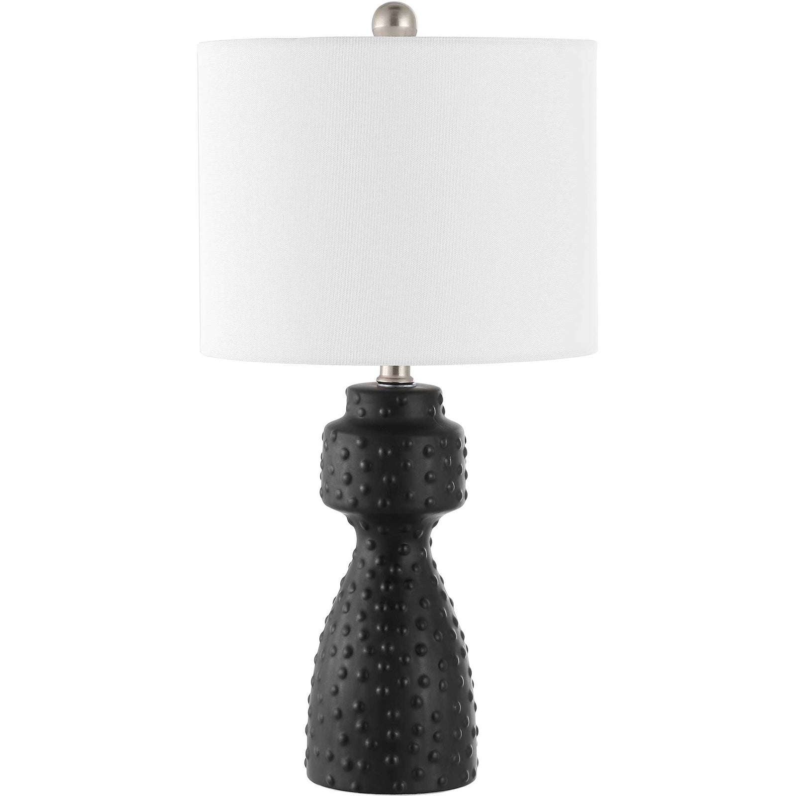 Textured black ceramic base with raised dots, white drum shade, and subtle nickel accents || TBL4511A || front_studio
