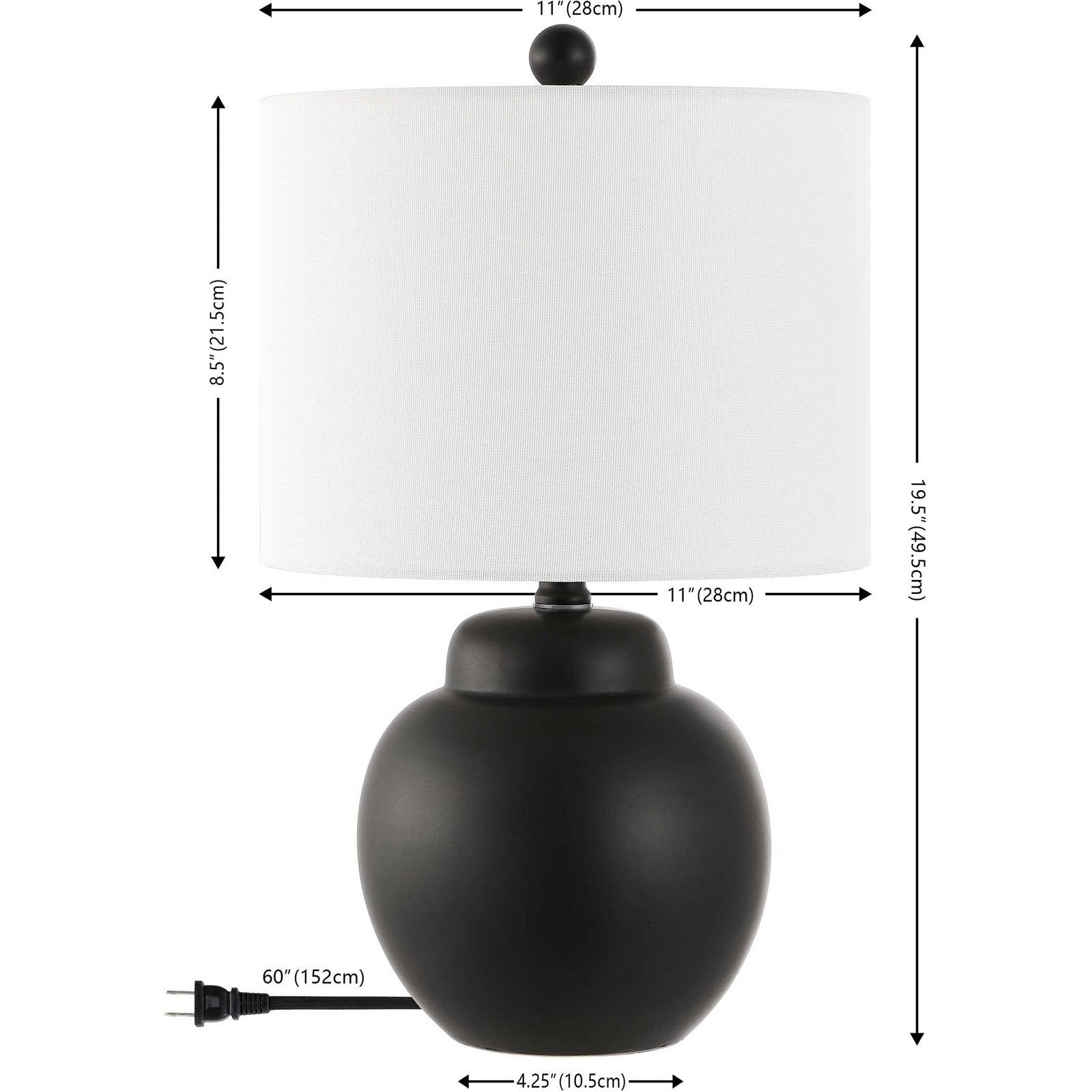 Compact black ceramic table lamp with white drum shade and easy-fit finial, sized for nightstands || TBL4513A || dimension_studio