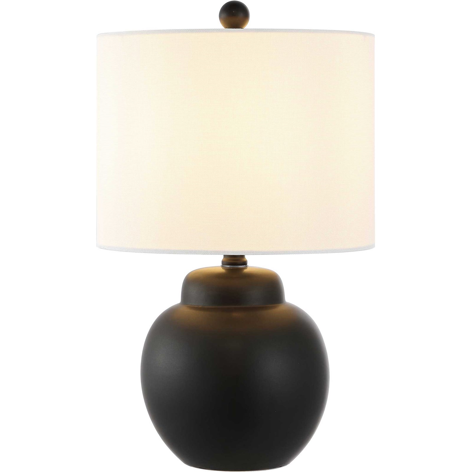 Warmly lit table lamp with matte black ceramic base and soft-glow white drum shade || TBL4513A || front_on_studio