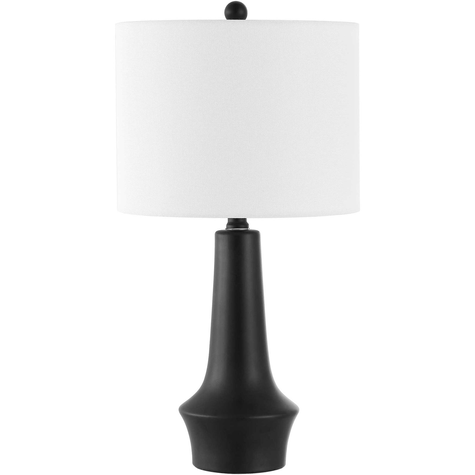 Black ceramic table lamp with a crisp white fabric drum shade and sculpted modern profile. || TBL4514A || front_studio