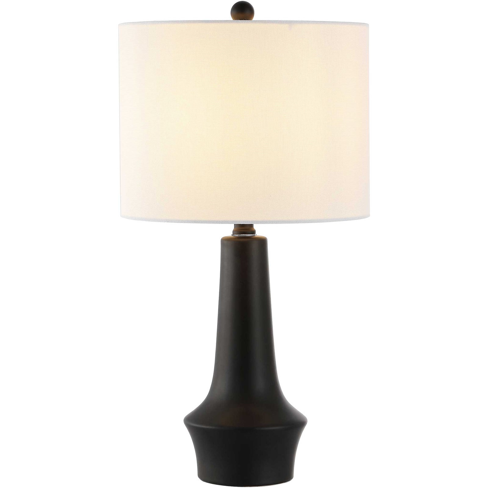 Warmly lit black ceramic lamp showcasing its smooth matte finish and bright white shade. || TBL4514A || front_on_studio