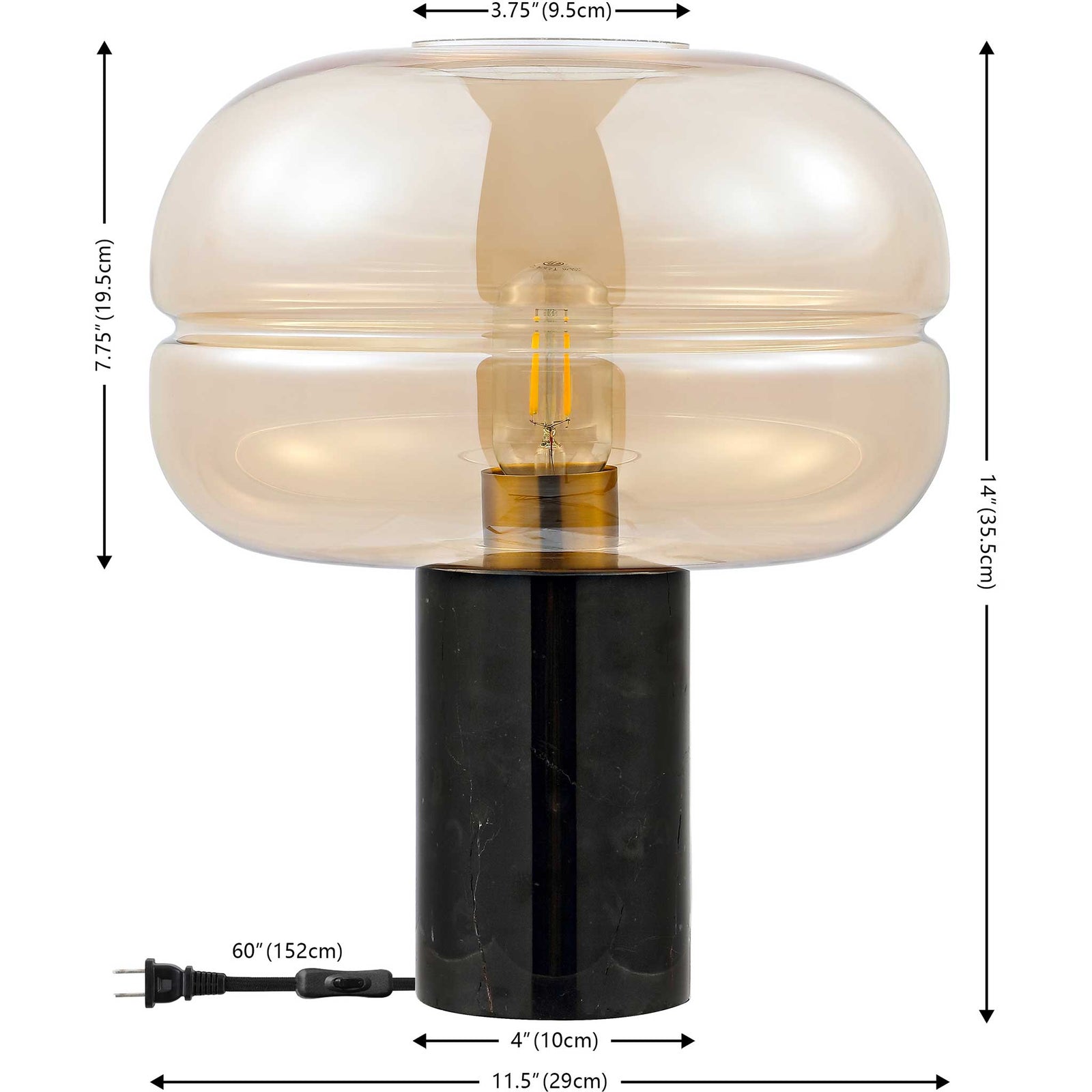 Compact 14-inch lamp with amber glass shade and sleek black marble base, perfect for desks and consoles. || TBL4518A || dimension_studio