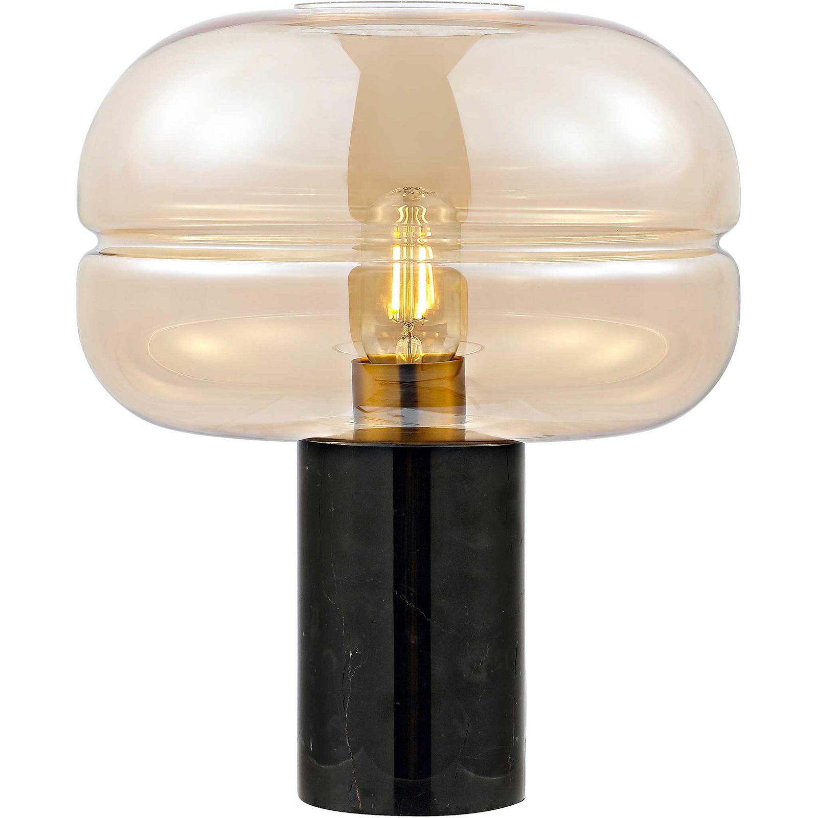 Warm amber glow shines through the rounded glass shade above a polished black marble base. || TBL4518A || front_on_studio