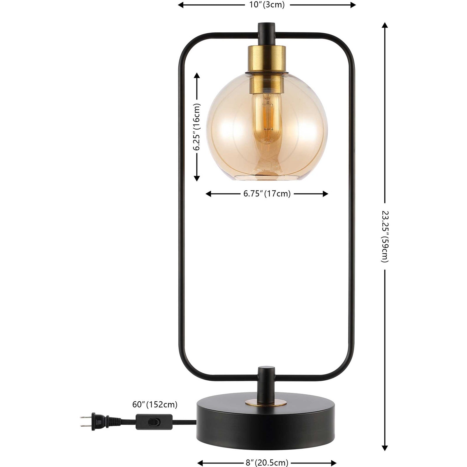 Streamlined lamp design with amber globe, black iron frame, and compact footprint for small spaces || TBL4524A || dimension_studio