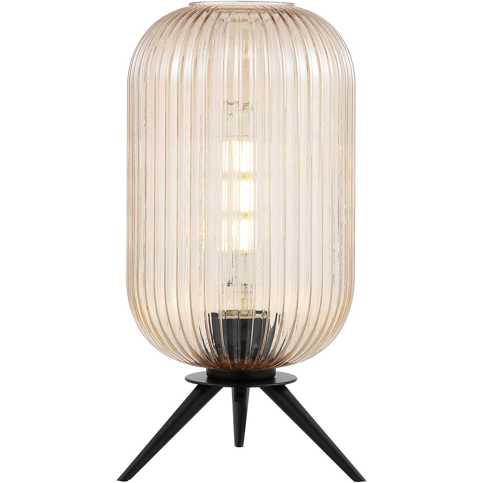 Warm amber glow radiates through fluted glass, perched on a matte black tripod base. || TBL4528A || front_on_studio