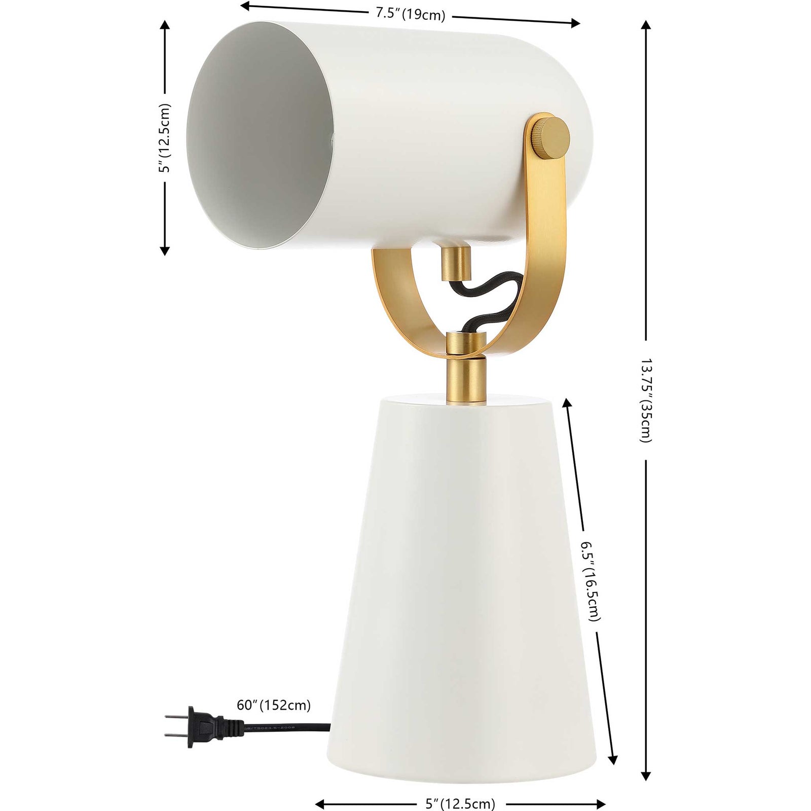 Sleek white metal lamp with brass yoke and tapered base, sized for desks and nightstands || TBL4532A || dimension_studio