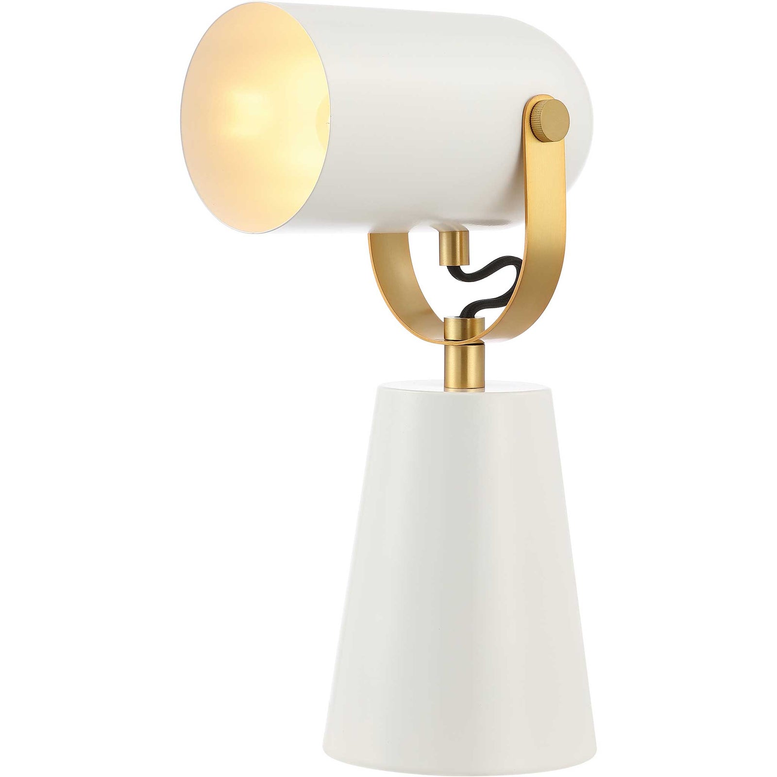 Lit white metal table lamp with brass details and a stable tapered base || TBL4532A || front_angle_on_studio