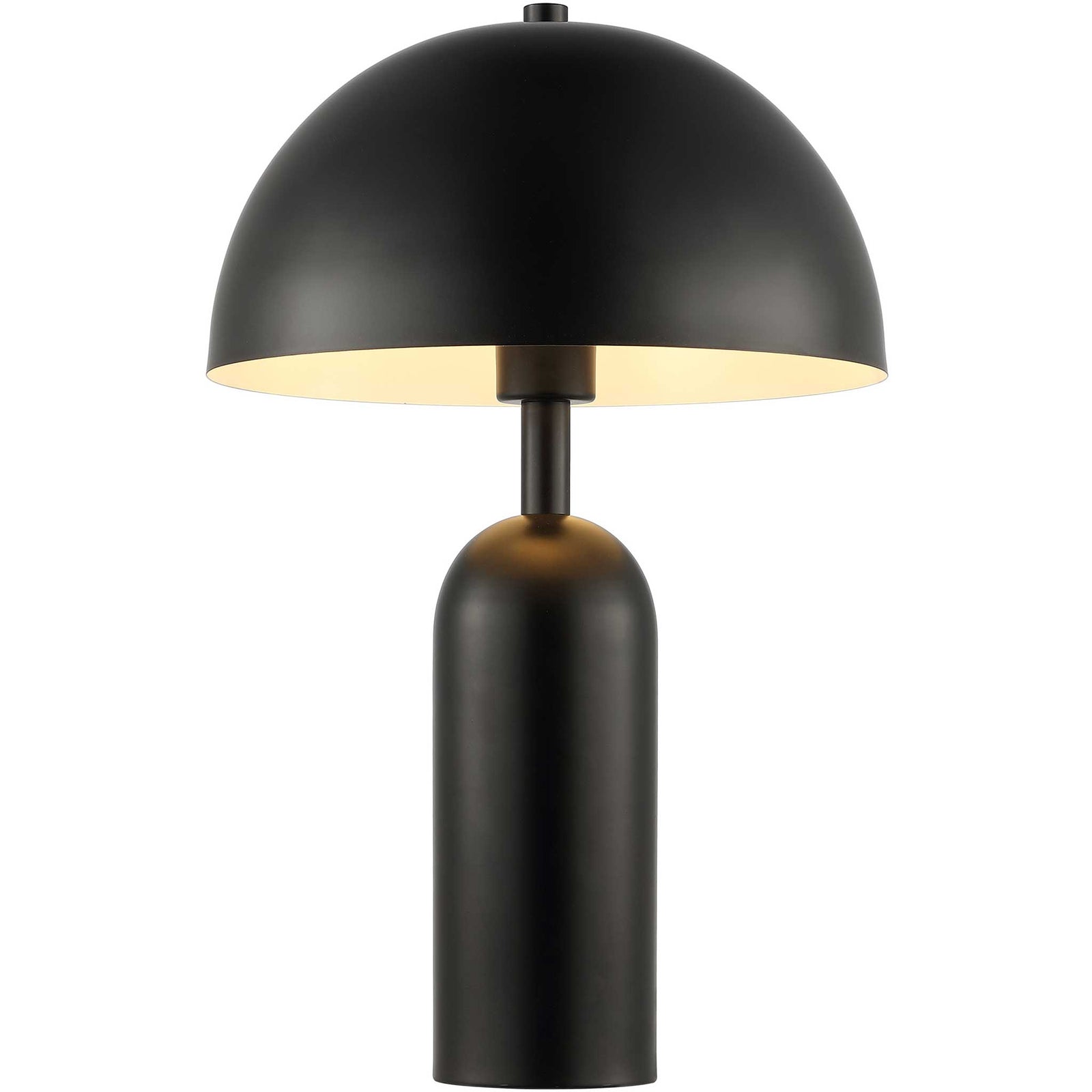 Black metal table lamp glowing warmly beneath a curved dome shade || TBL4539A || front_on_studio