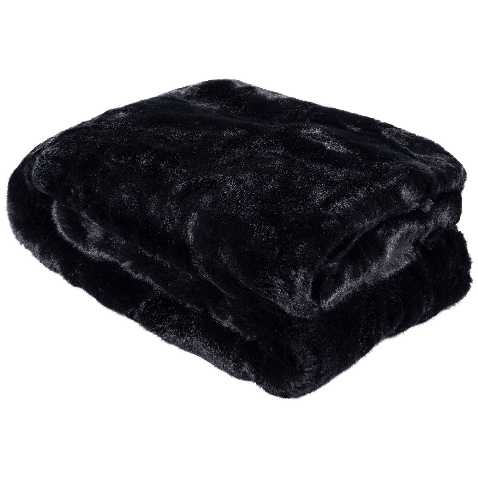 A neatly folded black faux fur throw has a velvety finish. || THR701A-5060 || front_angle_studio