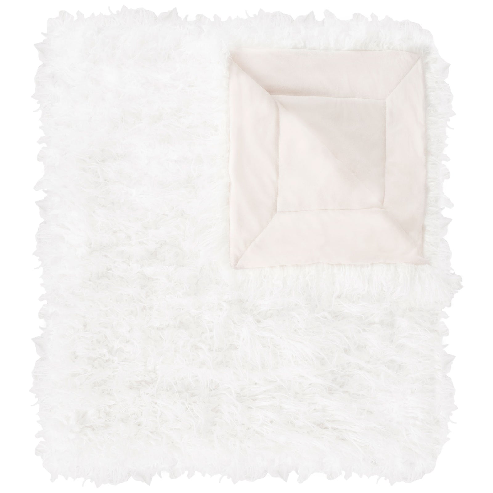 Snow-white faux fur throw pairs a shaggy, plush surface with a smooth poly-suede backing. || THR704A-5060 || top_studio