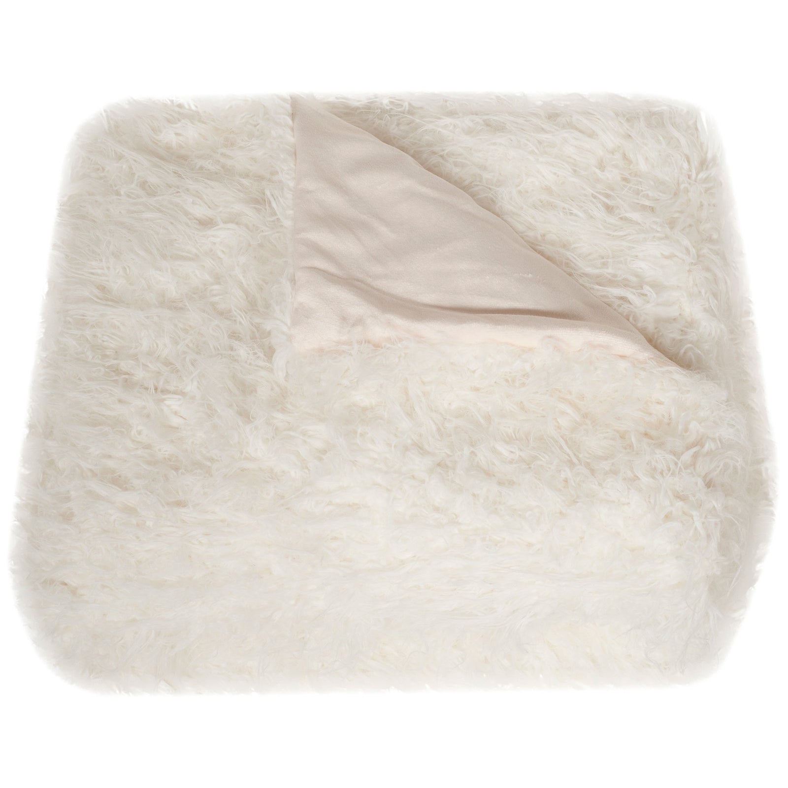 A folded white faux fur throw shows its thick, fluffy pile and smooth, pale backing. || THR704A-5060 || top_angle_studio
