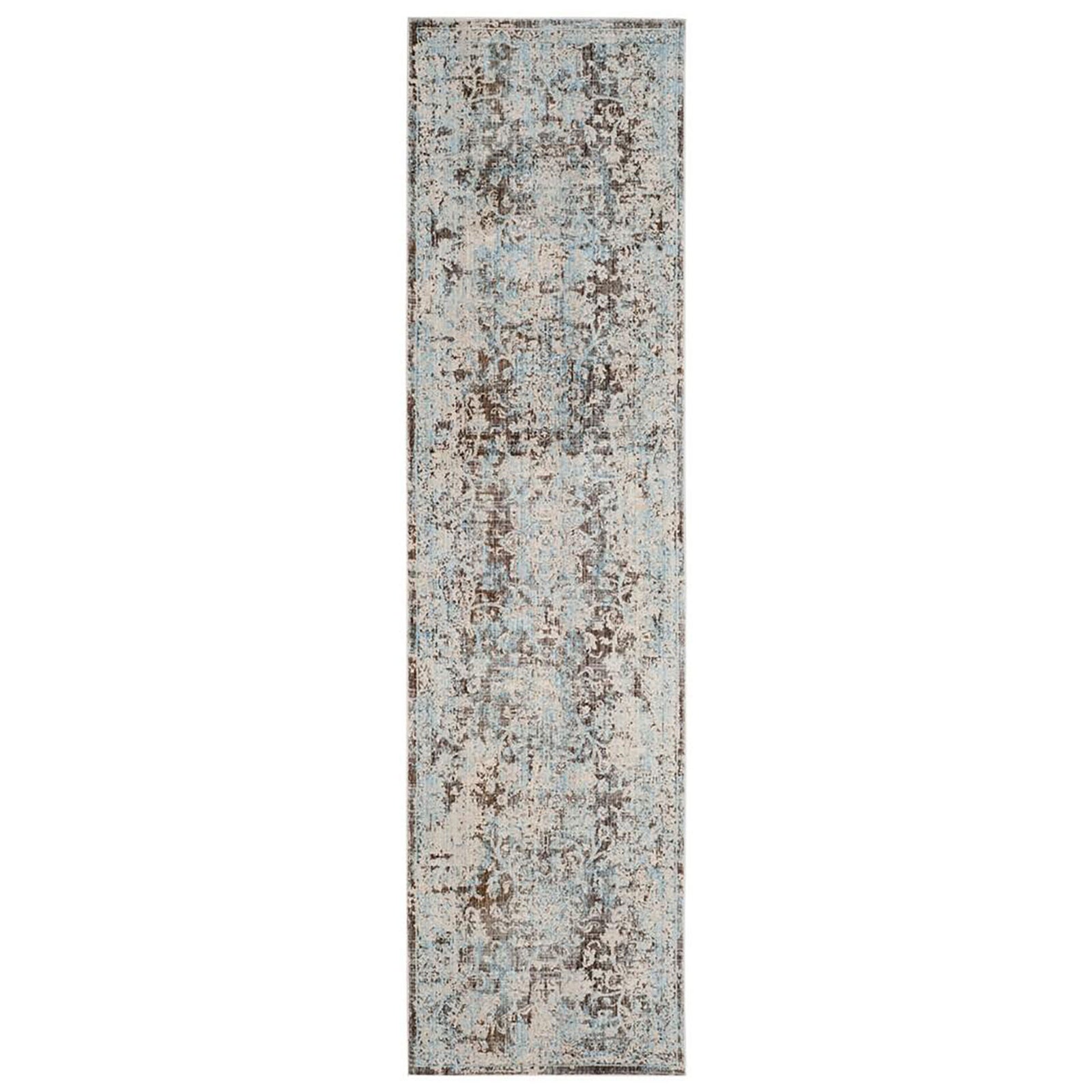 Narrow runner rug with a faded traditional pattern in pale blue, ivory and brown || VTP417T-28 || top_studio