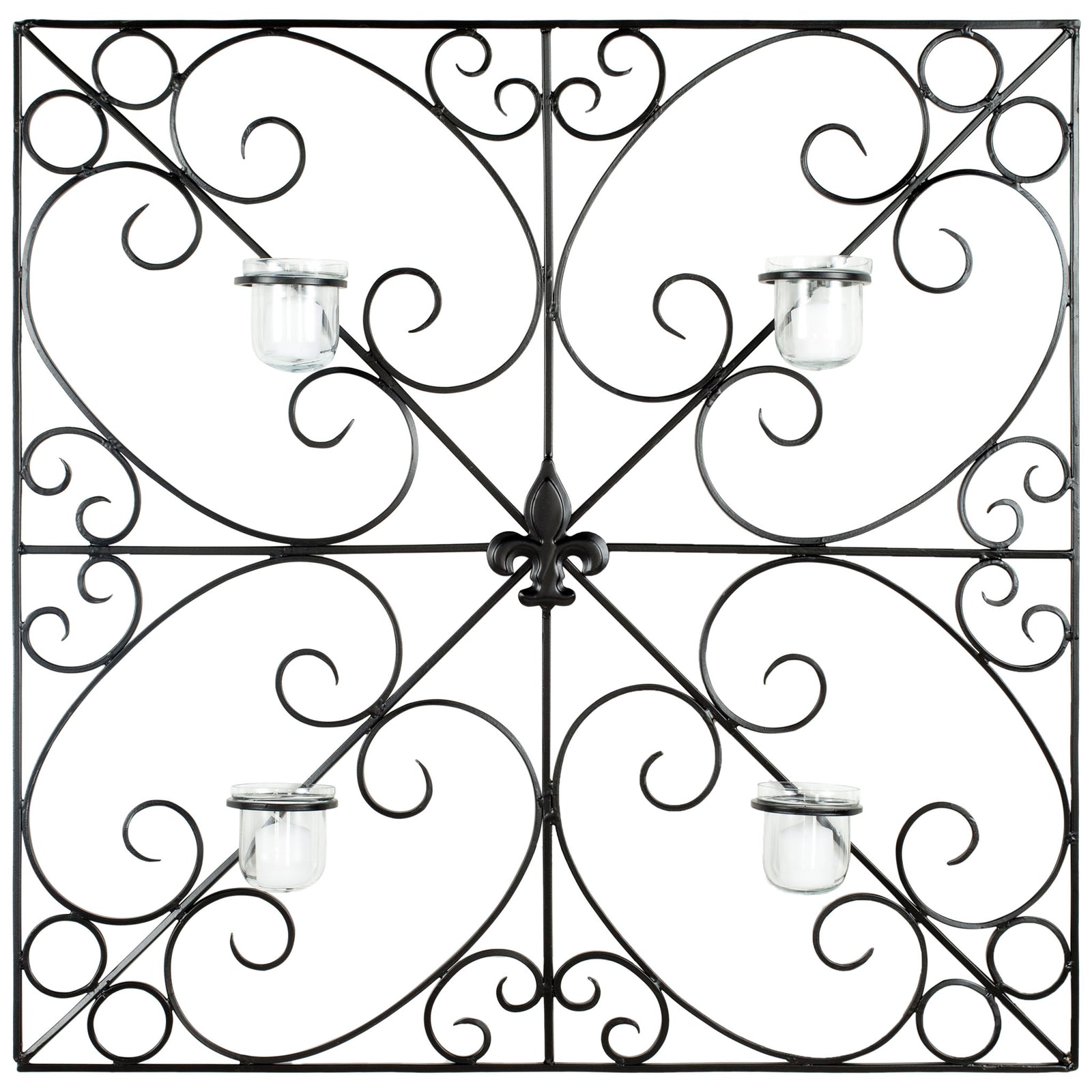 A square black iron frame combines swirling scrollwork and four clear glass votive cups. || WDC1005A || front_studio