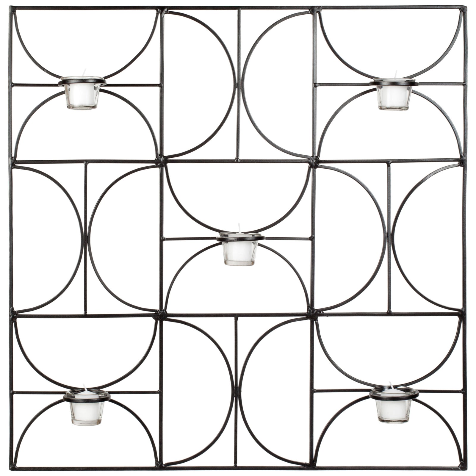 Five clear glass votive holders punctuate a square black iron wall accent with an open geometric pattern || WDC1007A || front_studio