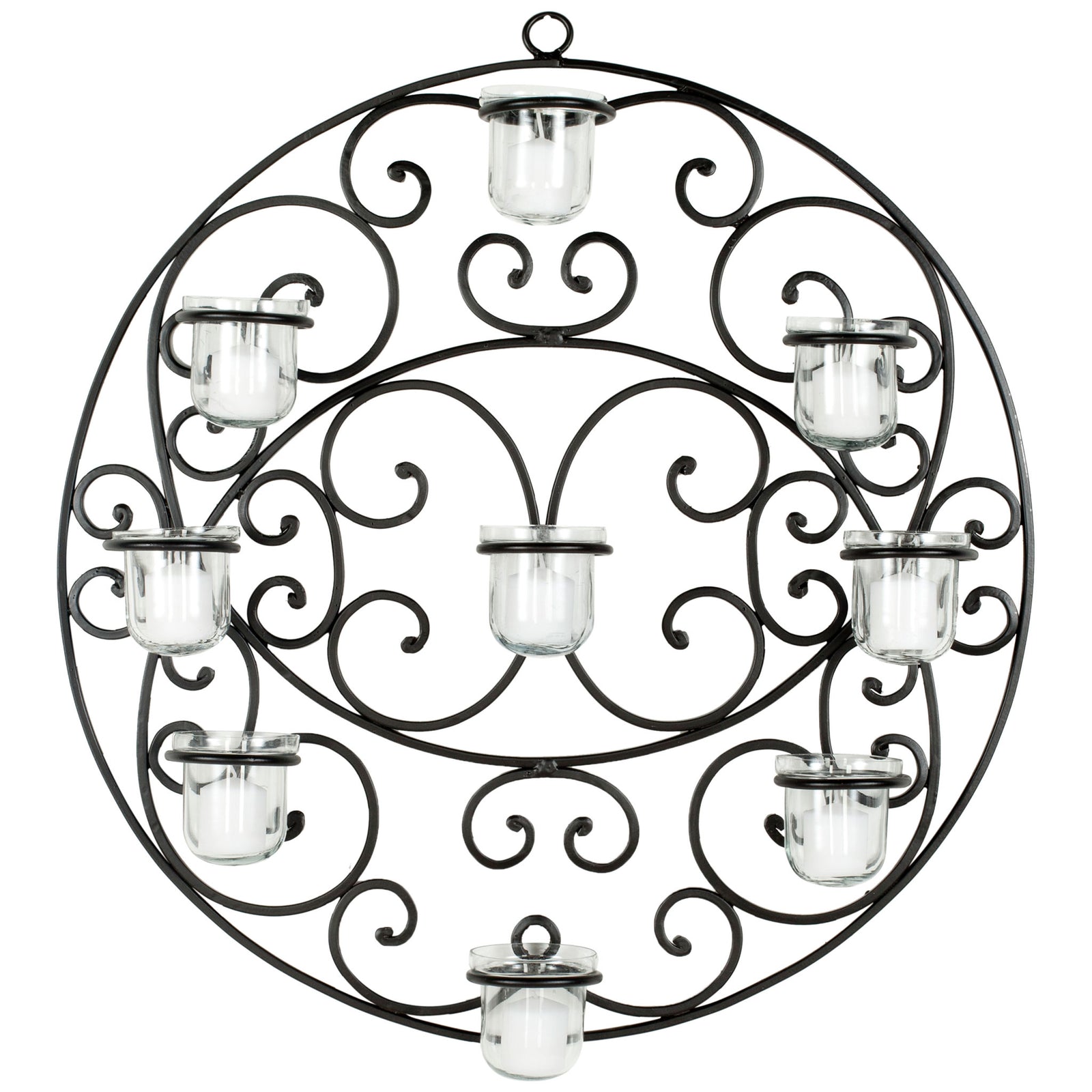 Round black iron wall decor features ornate scrollwork and nine clear glass votive holders || WDC1010A || front_studio