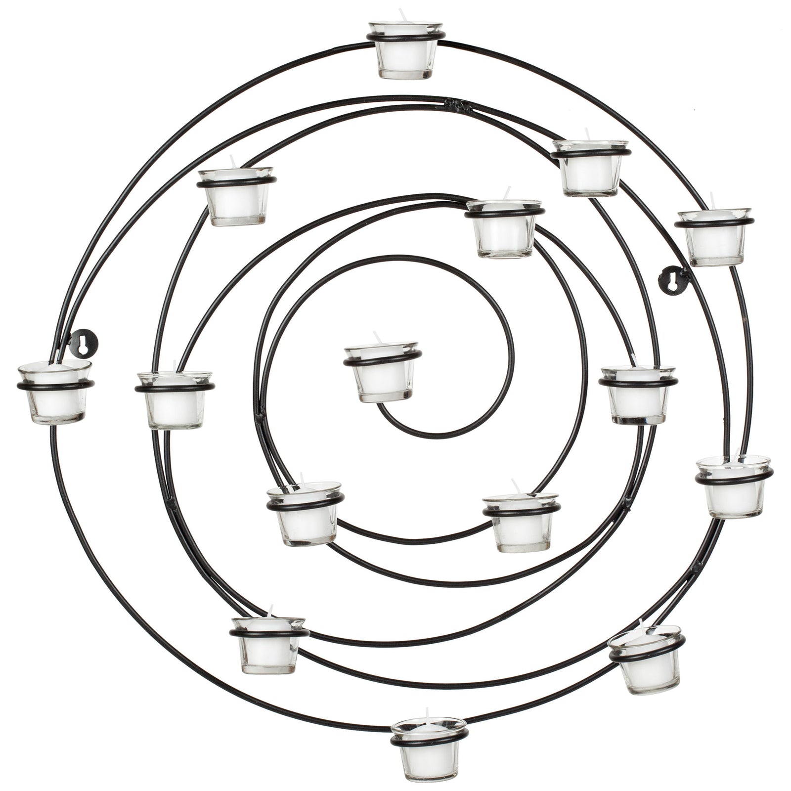Circular black iron wall decor pairs looping spiral arms with glass votive holders || WDC1011A || front_studio