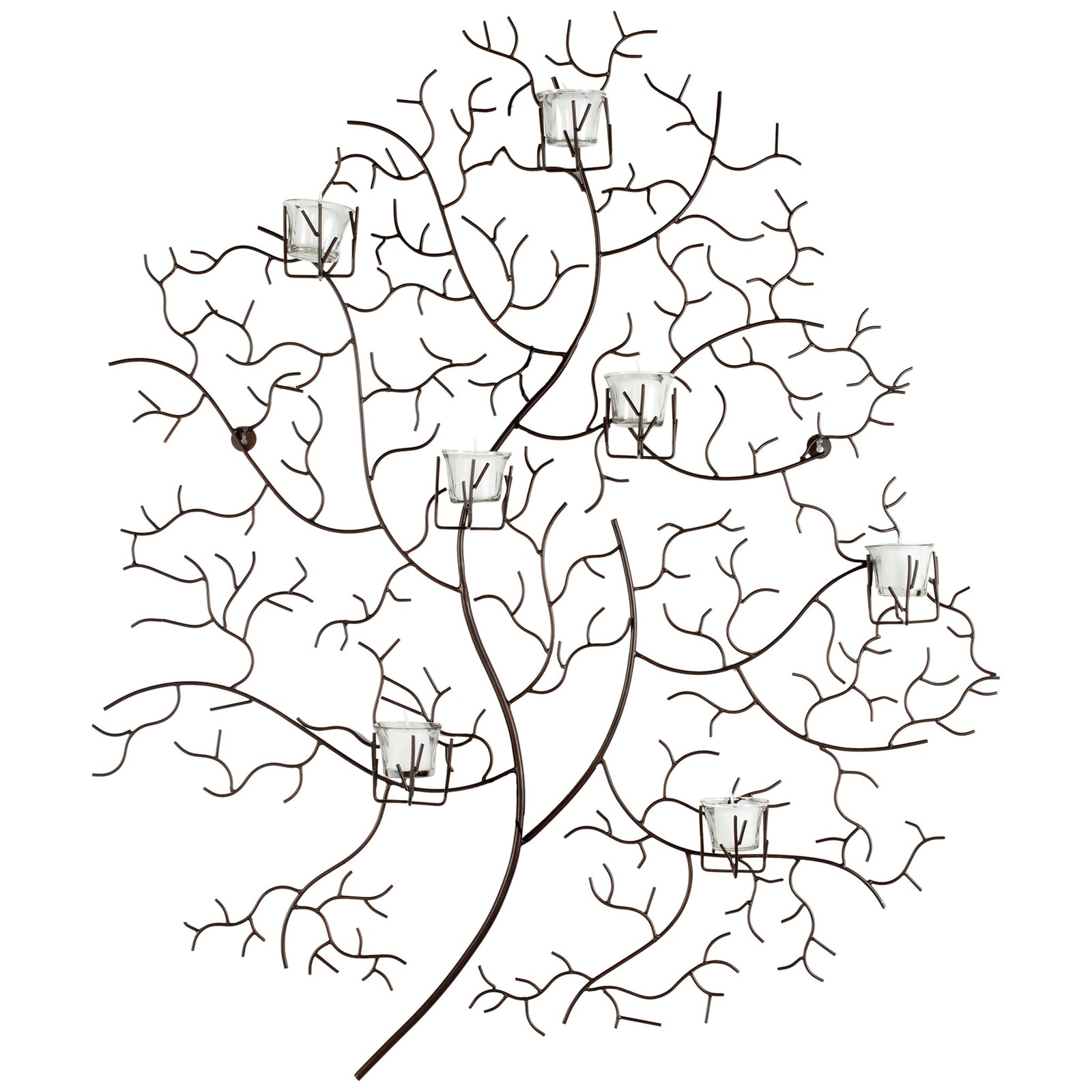 An intricate tree of slender iron branches holds seven glass votives in a sculptural wall display. || WDC1018A || front_studio