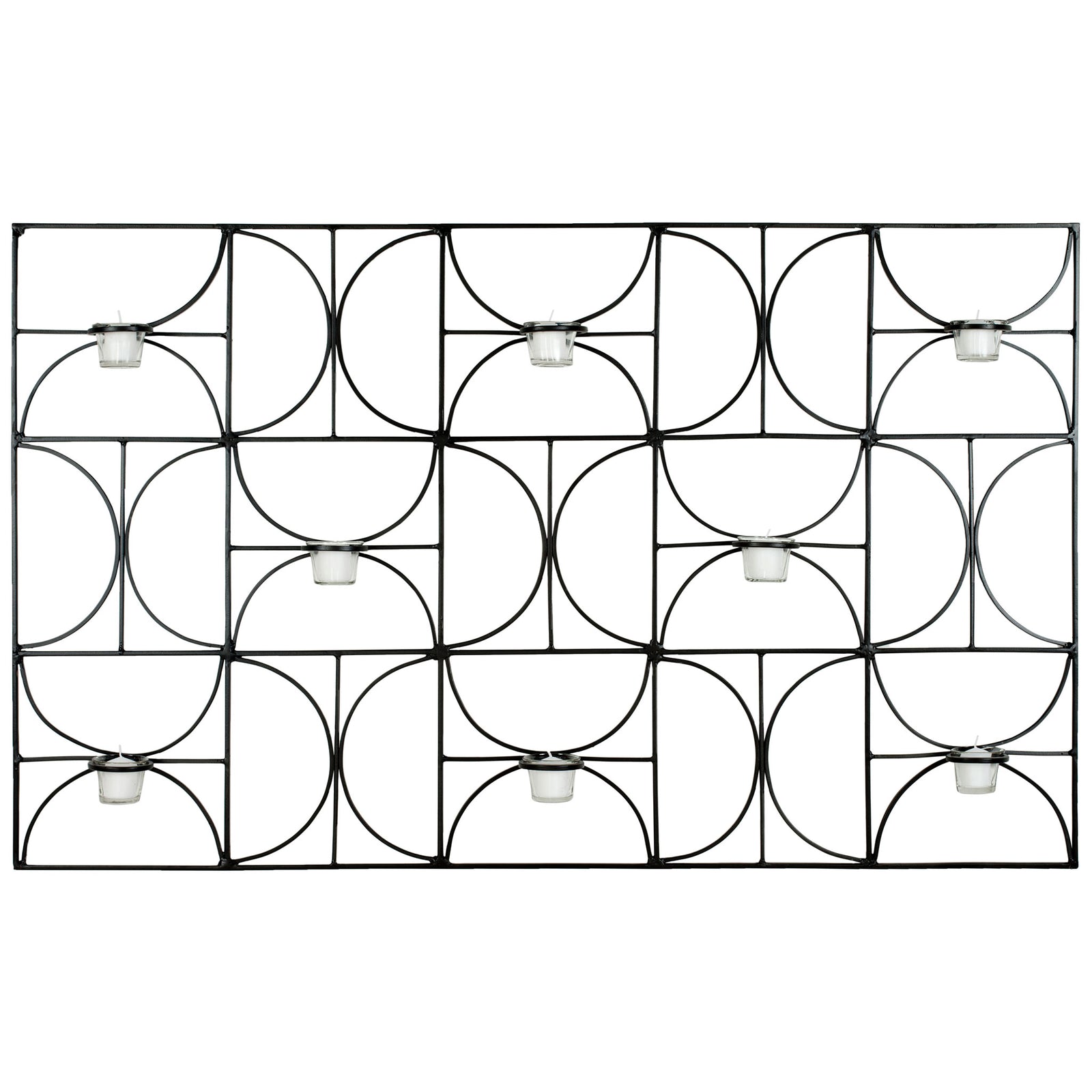 A rectangular black iron frame pairs repeating curved shapes with eight glass votive cups. || WDC1019A || front_studio