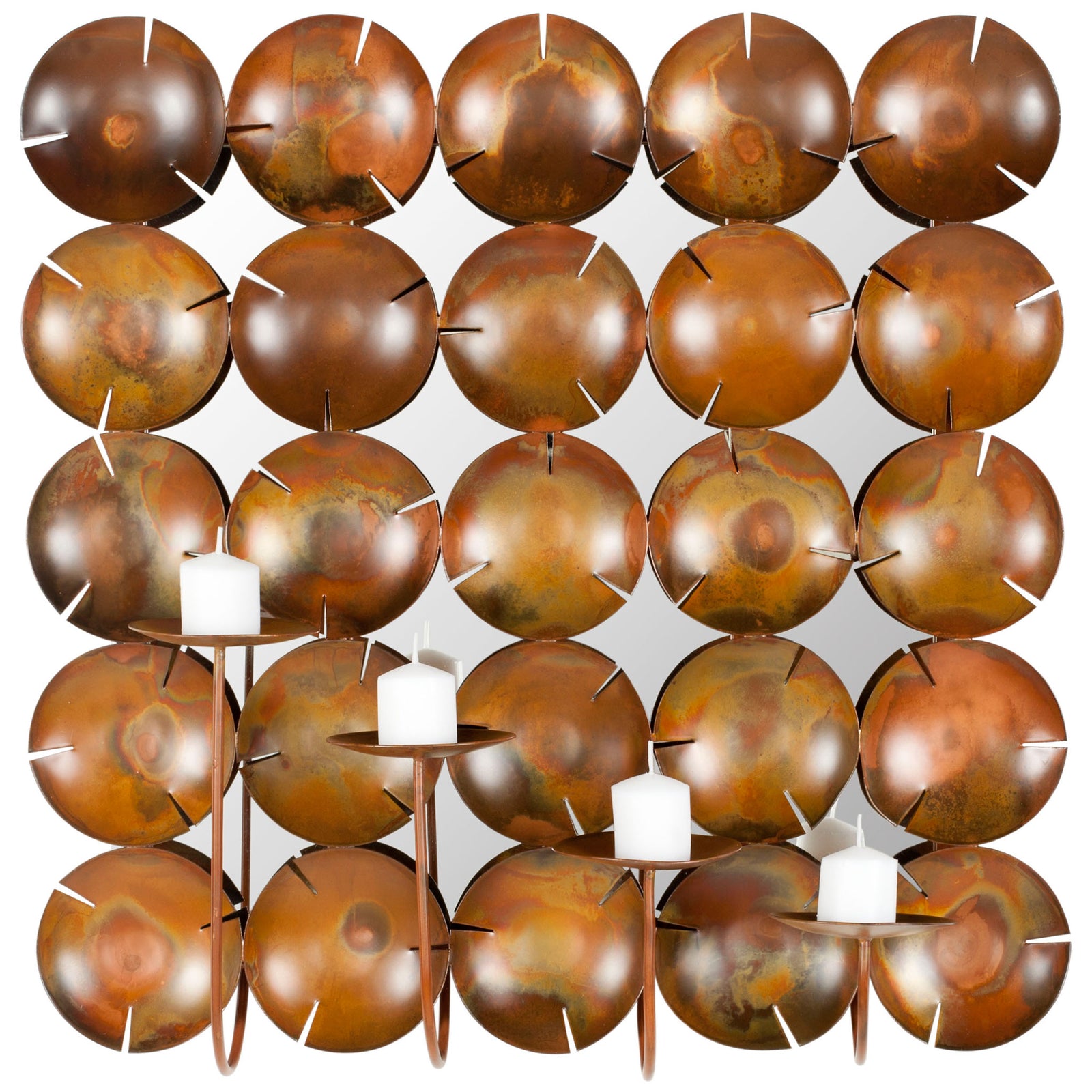 Twenty-five burnished copper discs create a square backdrop for four staggered candleholders. || WDC1020A || front_studio