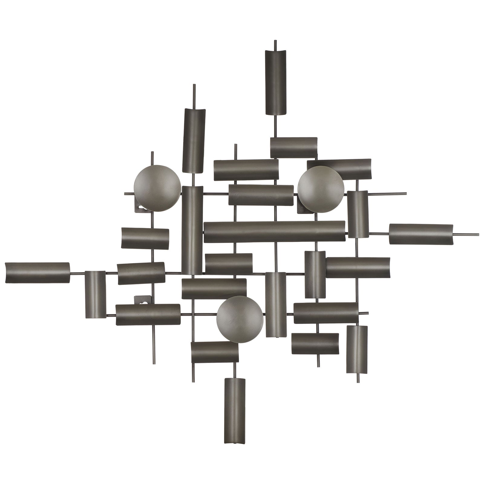 Antique silver iron wall sculpture blends slender rods, curved cylinders, and round discs in a geometric design || WDC1027A || front_studio