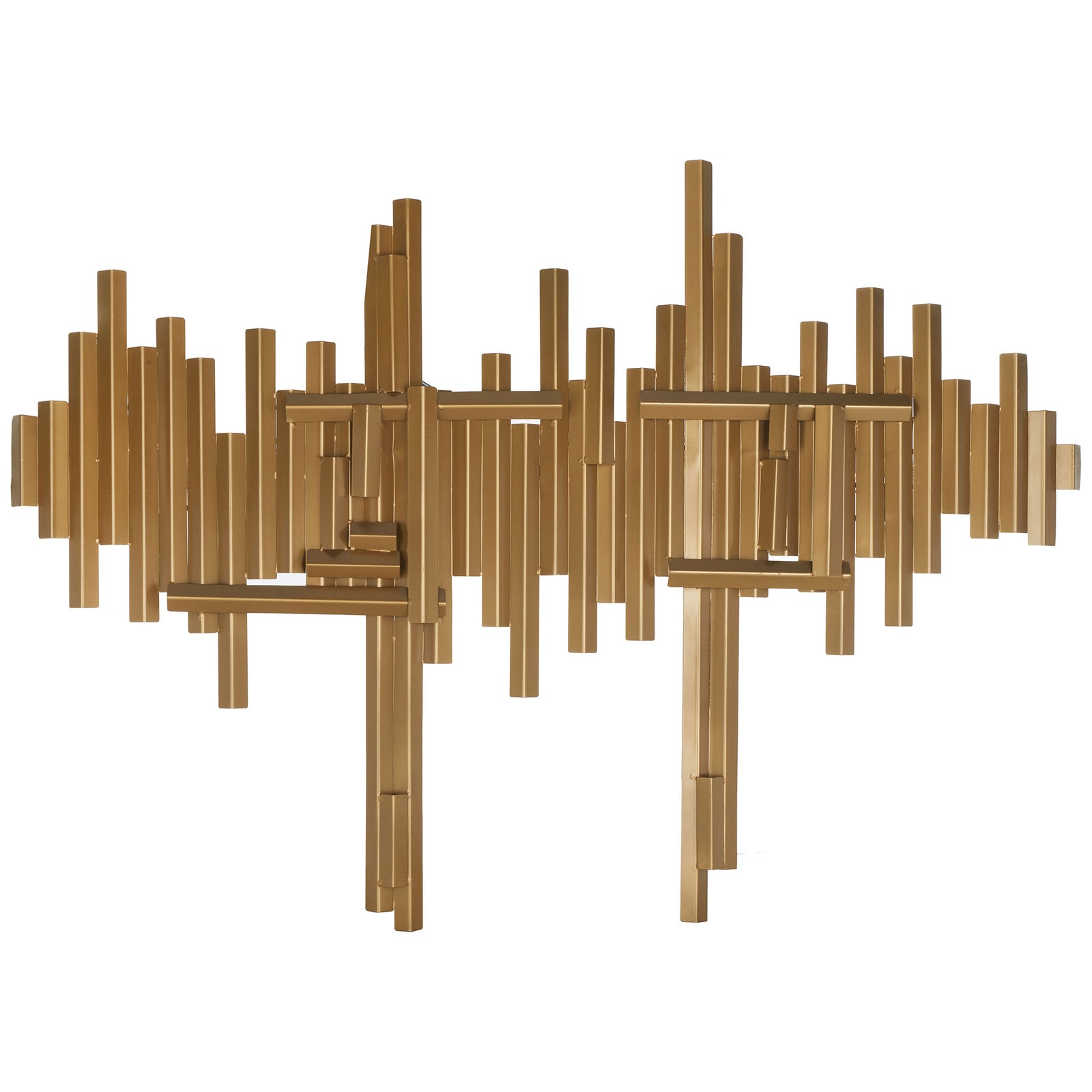 Sculptural iron wall decor pairs staggered antique brass bars with open geometric accents || WDC1028A || front_studio