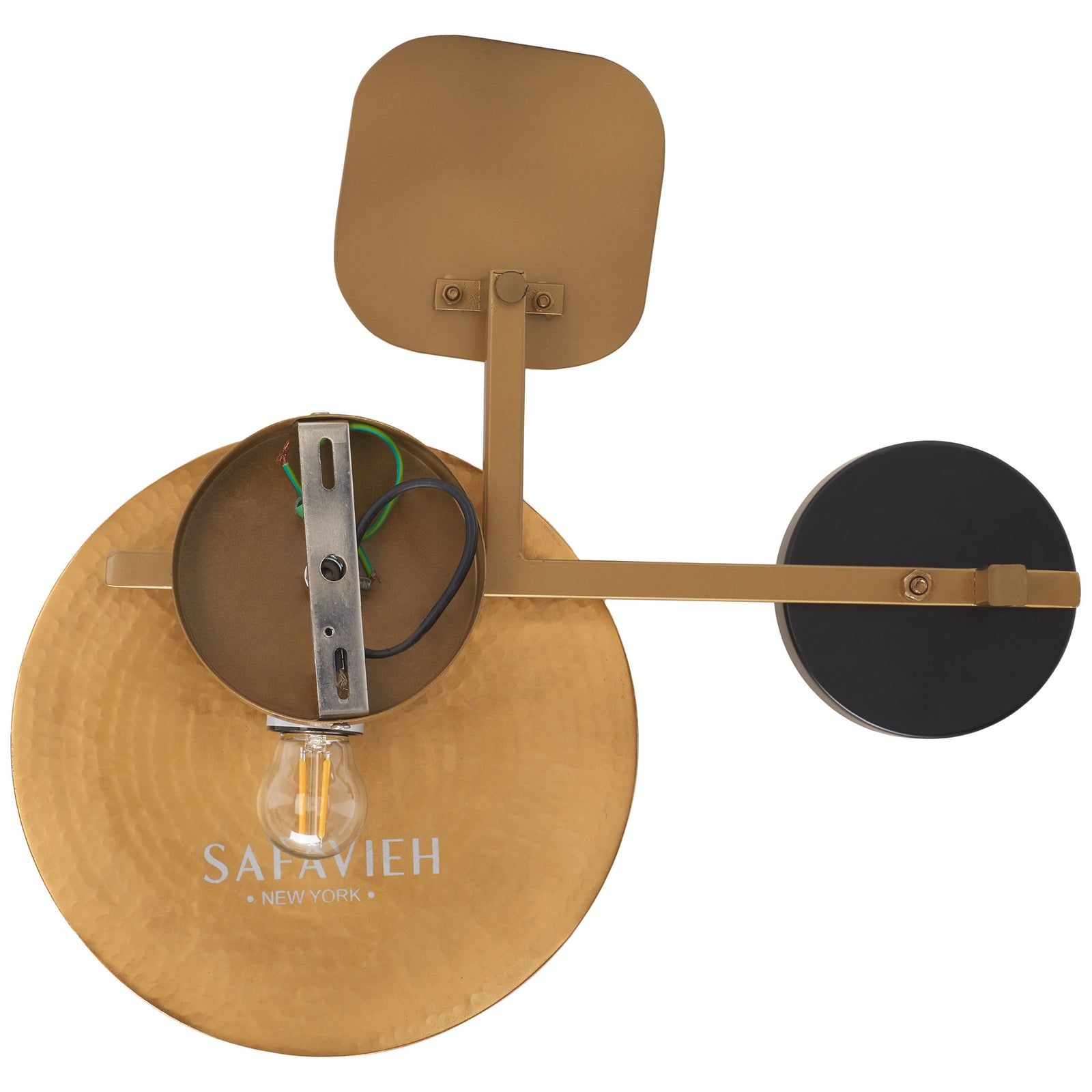 An exposed bulb and mounting bracket sit behind the sculptural gold-tone disk and round mirror || WDC1030A || back_studio