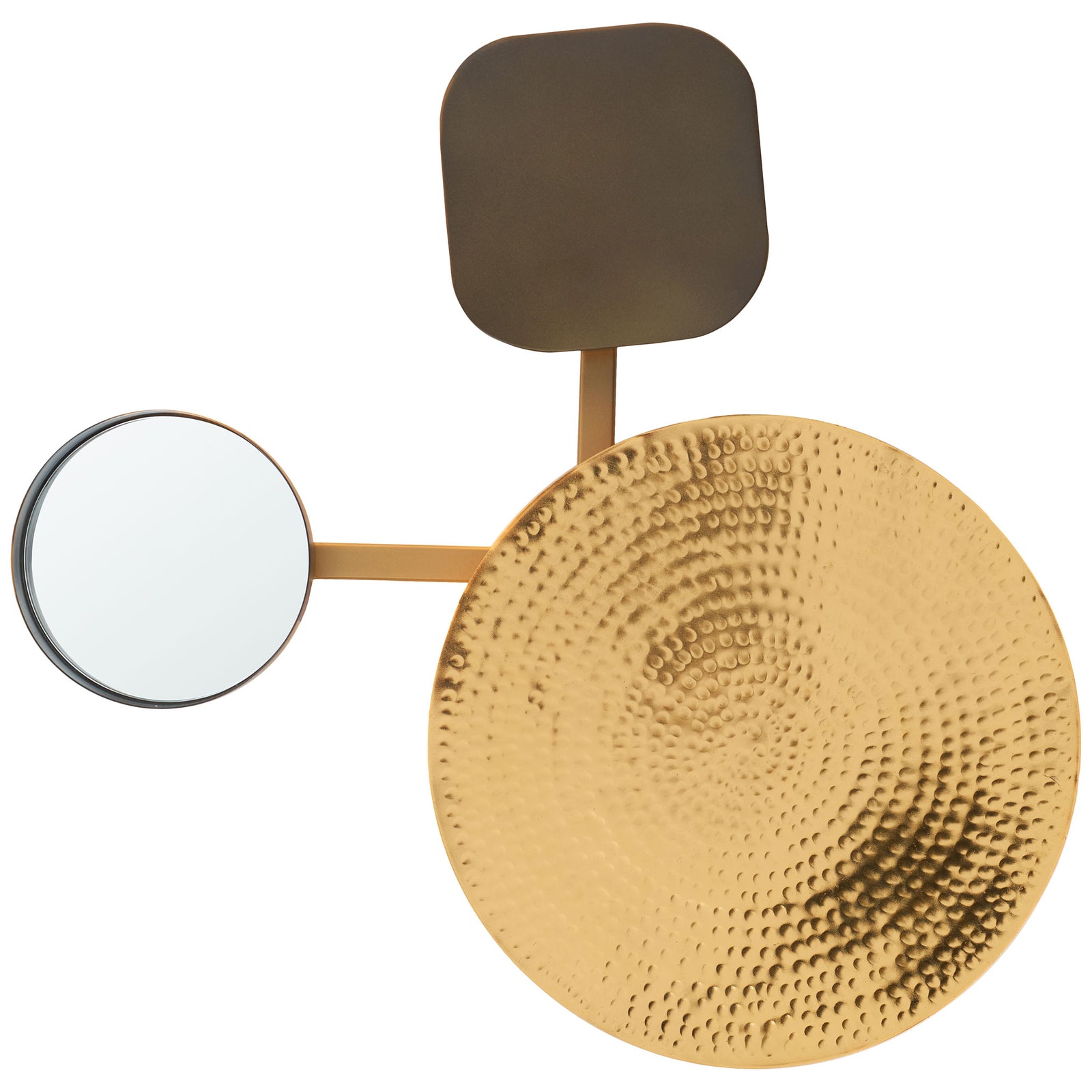 Soft illumination warms the hammered gold-tone disk beside a dark metal panel and round mirror || WDC1030A || front_on_studio