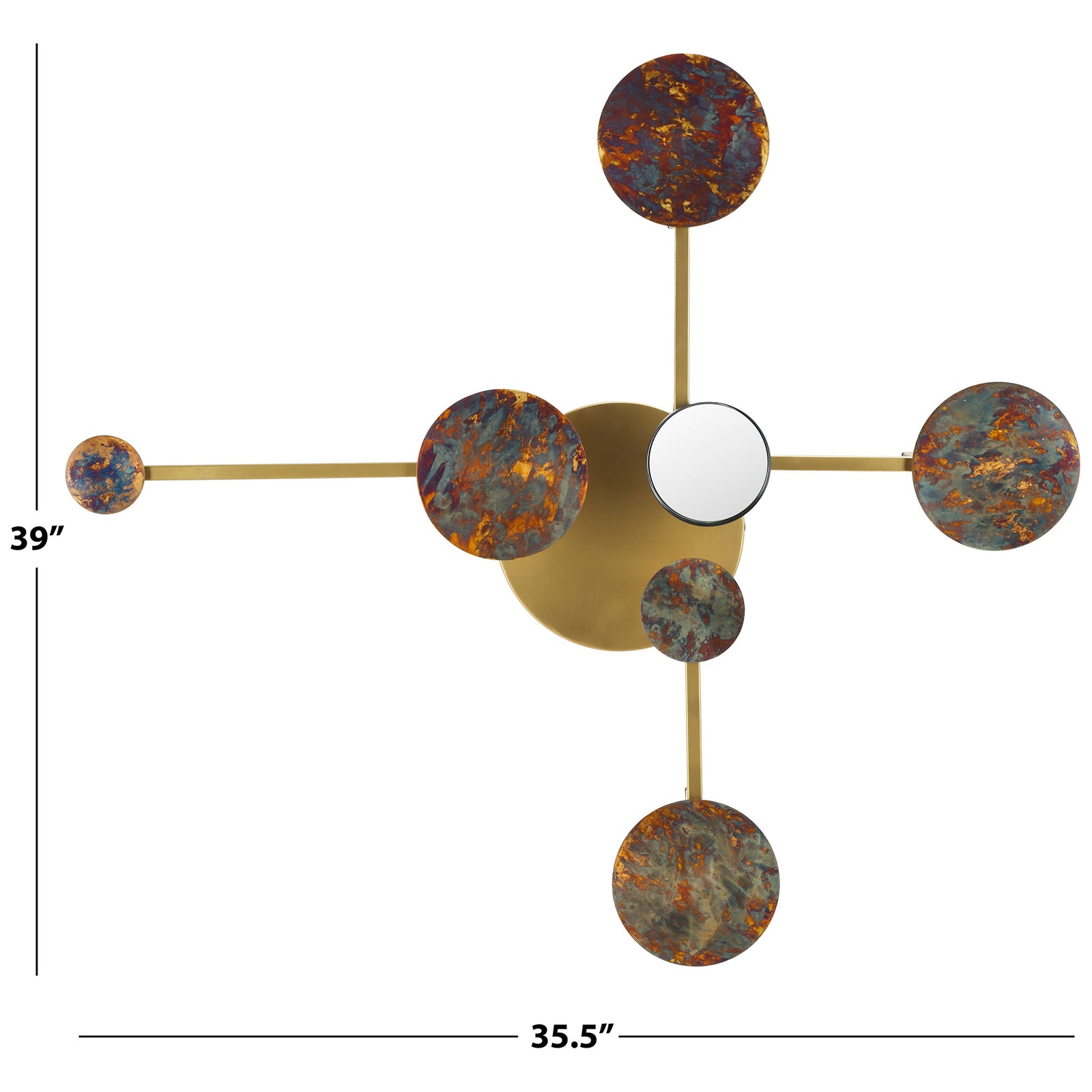 Antique brass wall accent measures 35.5 inches wide by 39 inches high, with mottled disks and a mirrored center. || WDC1031A || dimension_studio