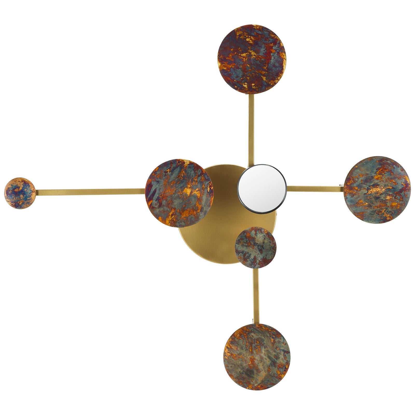 Slim antique brass arms extend from a round base, with colorful patinated disks and a small central mirror. || WDC1031A || front_studio