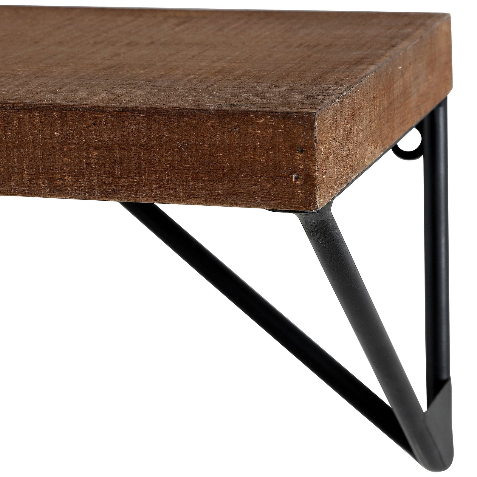 A thick brown wood shelf rests on a triangular black iron support bracket. || WDC5000A || leg_studio