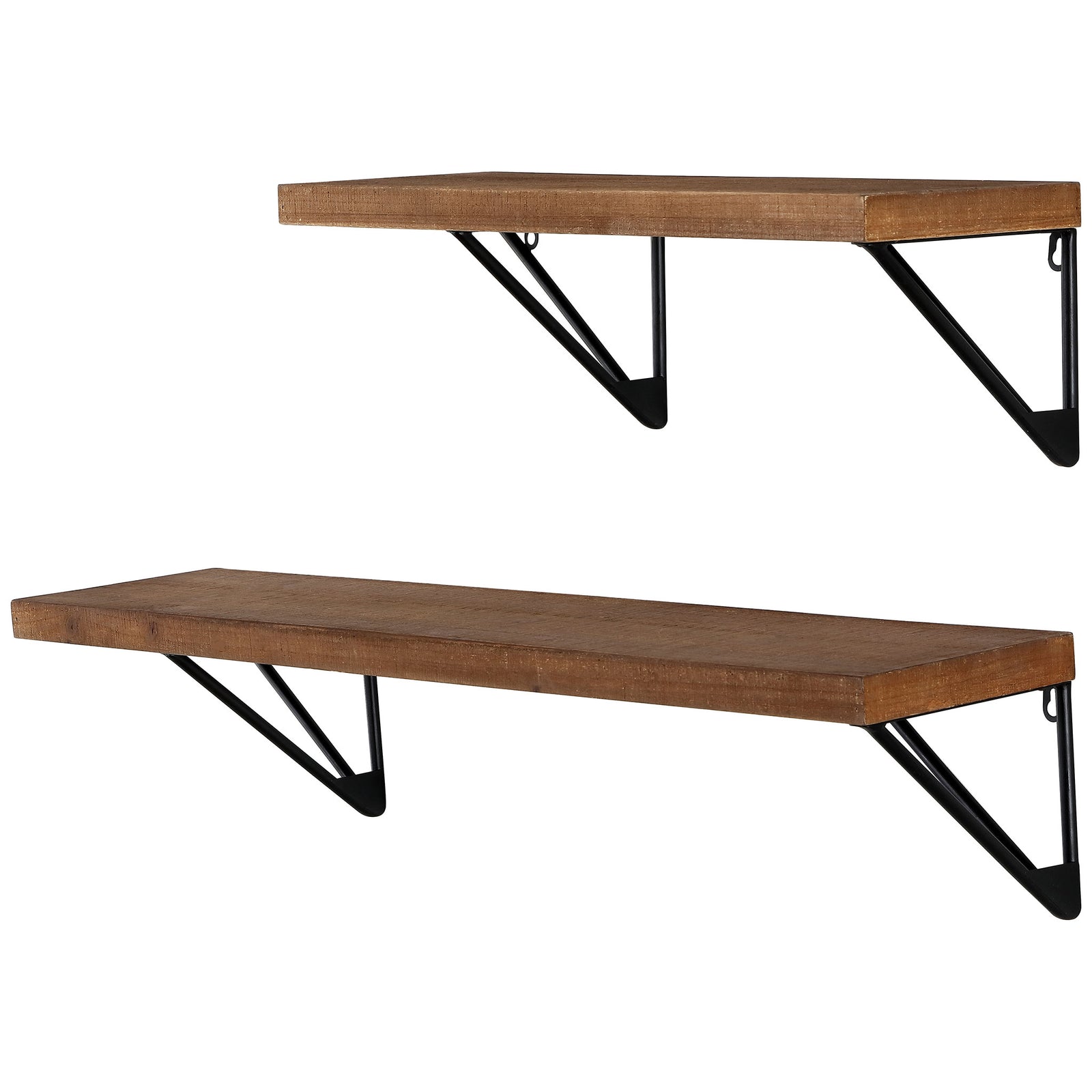 Two brown wood wall shelves in contrasting lengths feature angular black iron brackets. || WDC5000A || front_angle_studio