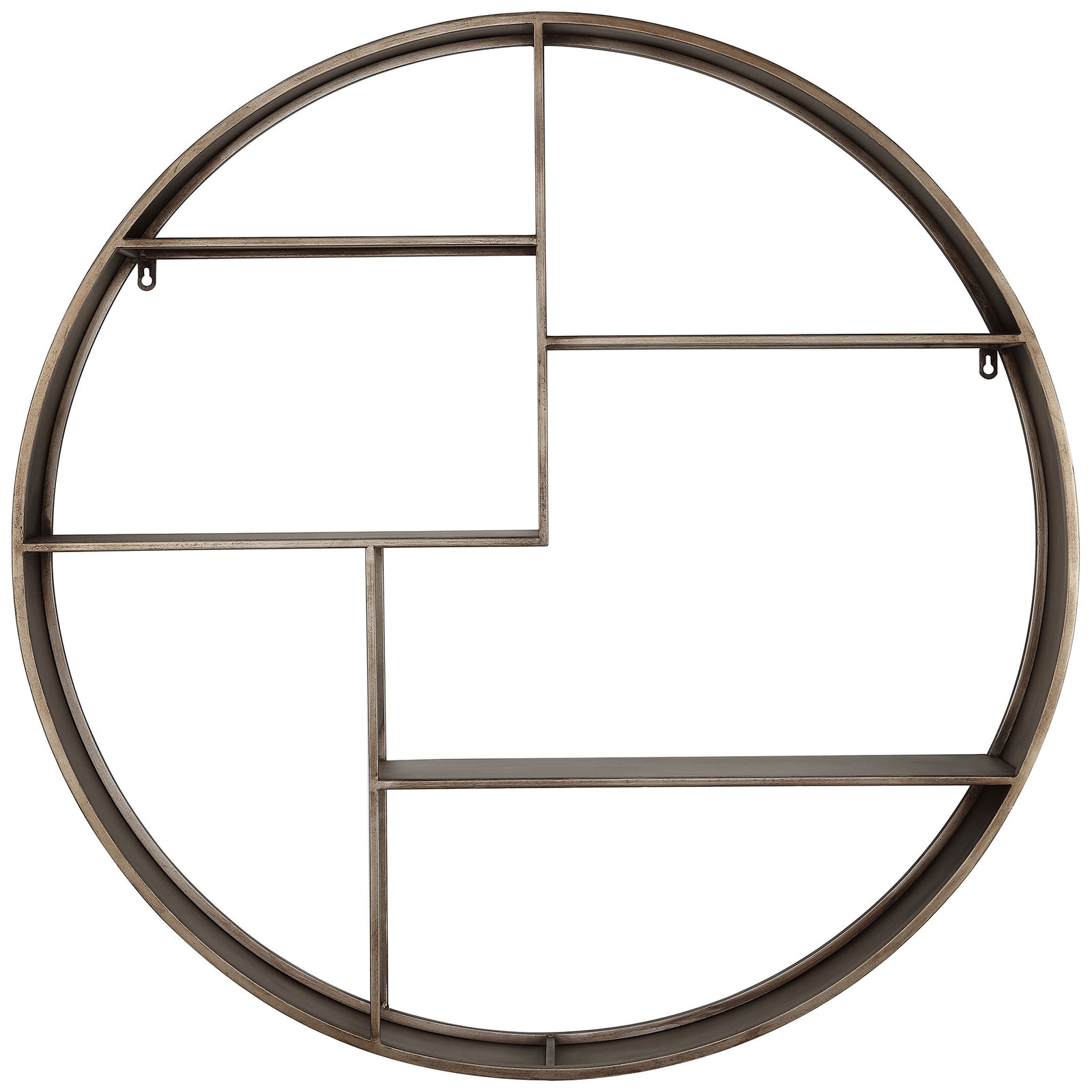 A round brown metal frame holds staggered shelves and slender dividers for a sculptural display. || WDC5010A || front_studio