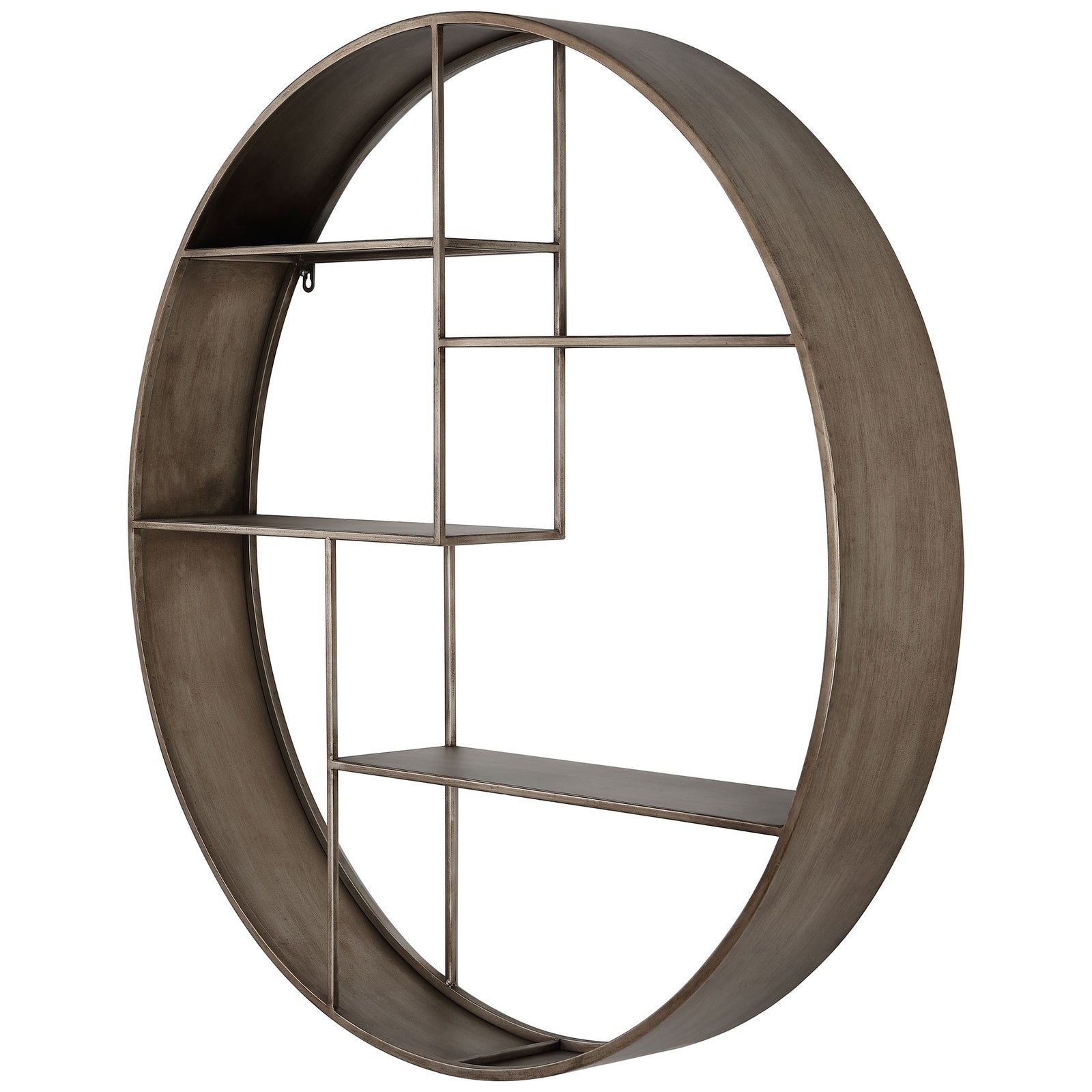 A deep circular iron frame surrounds staggered shelves, adding dimension to a decorative wall display. || WDC5010A || front_angle_studio