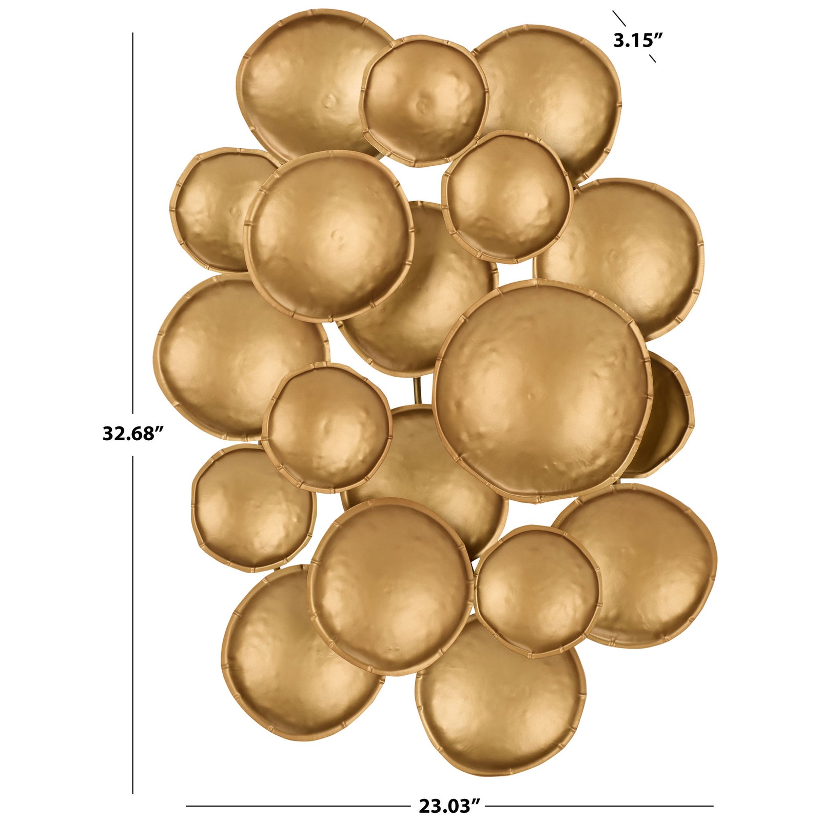 Layered gold iron discs create a wall accent measuring 32.68 inches tall and 23.03 inches wide || WDC5025A || dimension_studio