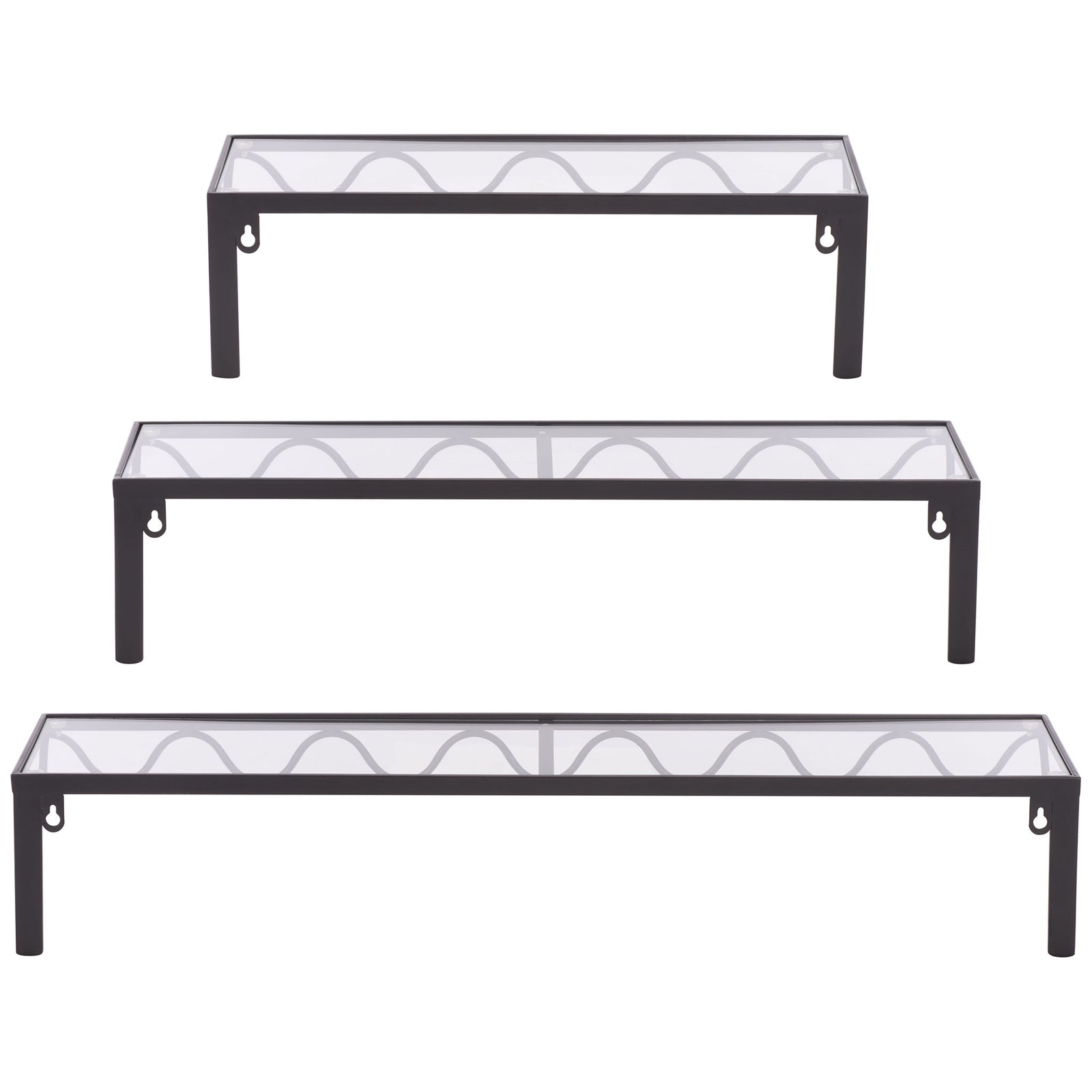 Three graduated black iron shelves with glass tops and keyhole wall mounts || WDC5032A || back_angle_studio