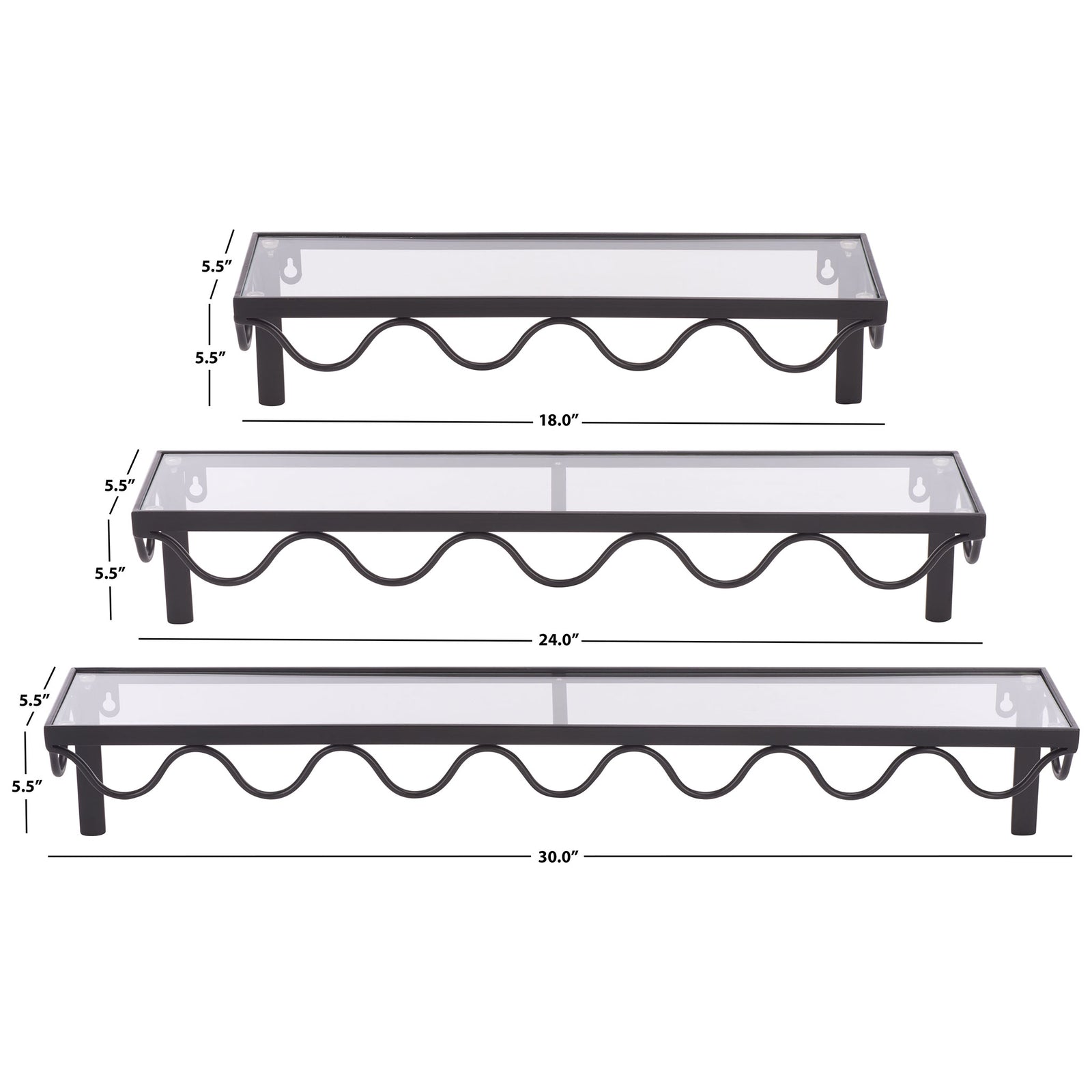 Scalloped glass-top shelves offer 18-, 24-, and 30-inch display widths || WDC5032A || dimension_studio